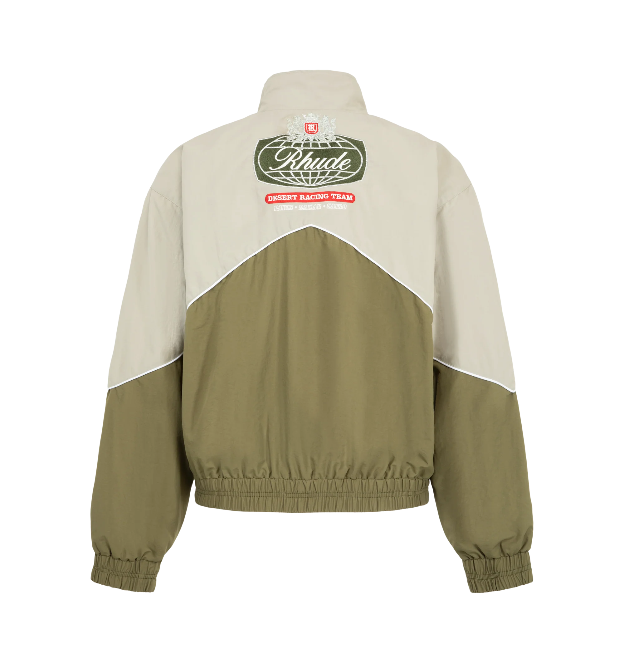 Image 2 of 3 - GREEN - Rhude Desert Racing Track Jacket is crafted from nylon and features a sport-inspired silhouette designed with racing influences. Detailed with graphic branding, a full-zip front, and functional pockets, the jacket combines technical construction with elevated everyday wear. Main Material: 100% Nylon. Lining: 100% Polyester. Made in USA.
