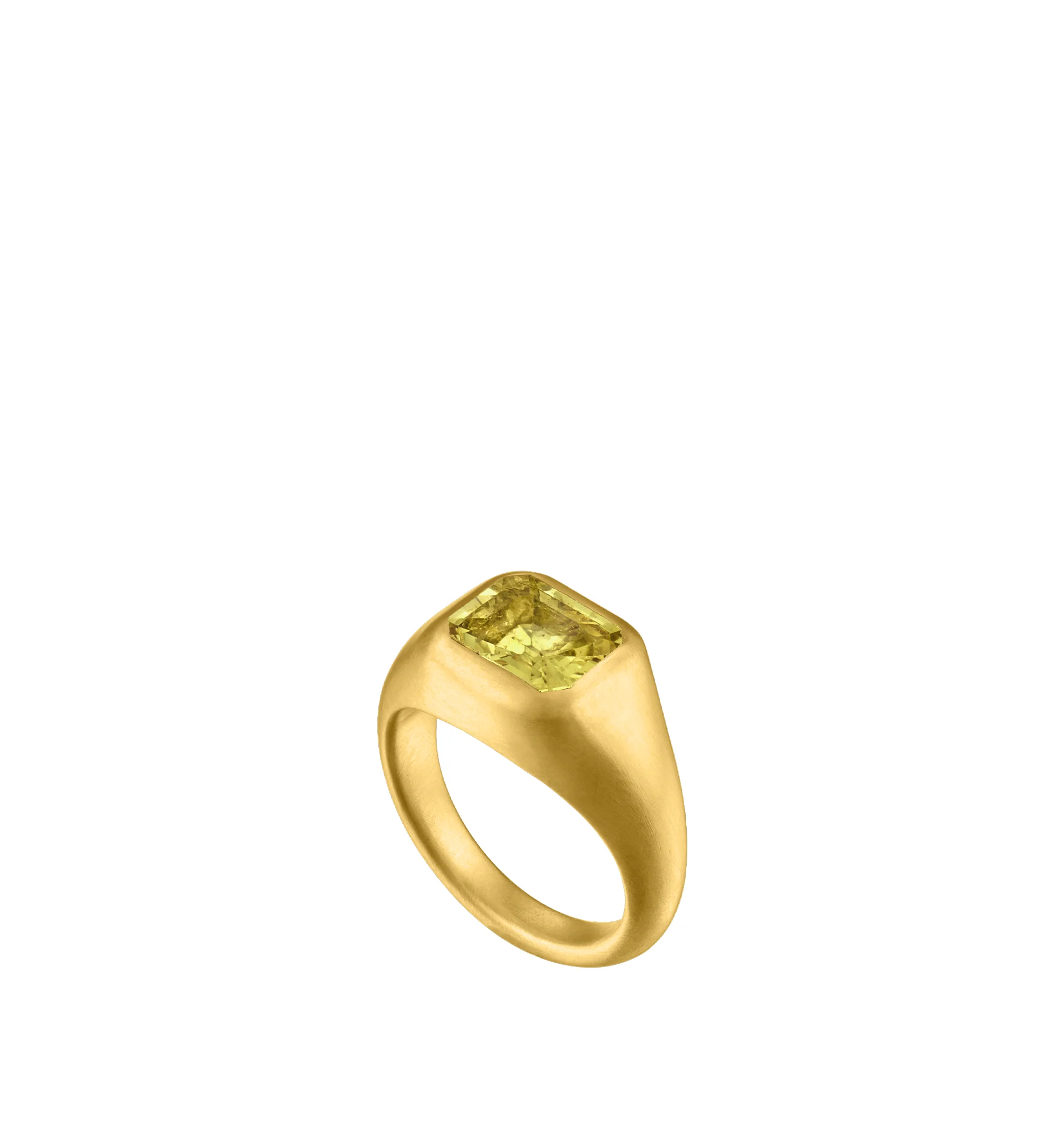 Image 2 of 3 - YELLOW - Prounis Yellow Emerald Cut Sapphire Gaea Roz Ring is handcrafted from recycled 22K yellow gold and features a luminous emerald-cut yellow sapphire sourced from deadstock gemstones. Designed as part of the Gaea Roz capsule collection, the band tapers from 9.5 mm to 3 mm. Handmade in New York. For personal consultation and detailed information about jewelry, please contact our dedicated stylist team at personalshopping@hirshleifers.com.This item may be restricted for online purchase to 