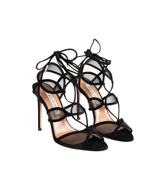 Image 2 of 4 - BLACK - AQUAZZURA Fatal Attraction Sandals featuring slender straps, soft black suede and mesh, point-toe, stiletto heels. 105mm/ 4 inches Black suede and mesh, ankle ties, padded leather insole and signature logo detailing. Heel height: 105 mm. Made in Italy.
