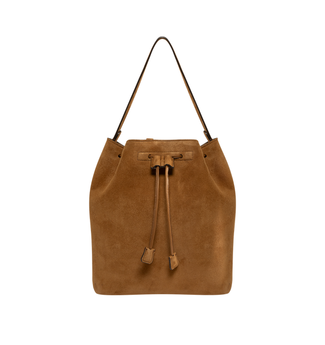 Image 1 of 3 - BROWN - THE ROW Backpack 9 in suede featuring a toggle fastening top, smooth leather trim, gold hardware, 2 adjustable, rivet fastening straps, 1 top handle, logo embossed purse feet at underside, single interior compartment with 1 slit pocket, key ring inside and suede lining. 10.5 W x 10.5 H. 100% calfskin leather. Made in Italy.