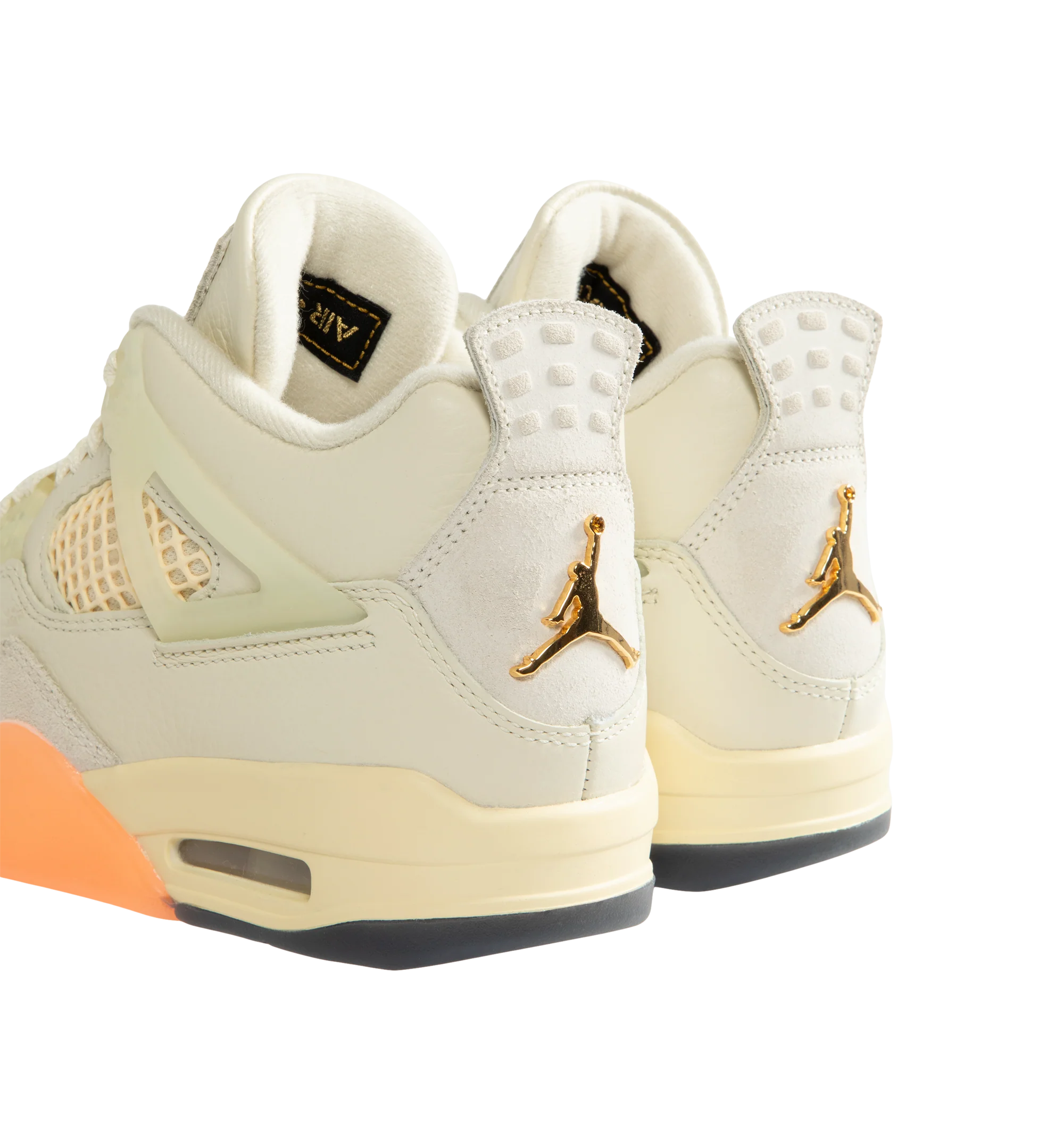Image 3 of 5 - NEUTRAL - Women's Air Jordan 4 Retro Sneakers feature a smooth leather upper with mesh underlays, nubuck suede overlays, and a high-top silhouette inspired by a tropical color palette. These lifestyle sneakers combine a visible Air-Sole unit, a polyurethane midsole, and a durable rubber outsole for responsive cushioning, lasting comfort, and reliable traction. Main Material: Genuine Leather and Nubuck Suede. Midsole: Polyurethane with Visible Air-Sole Unit. Sole: Rubber.