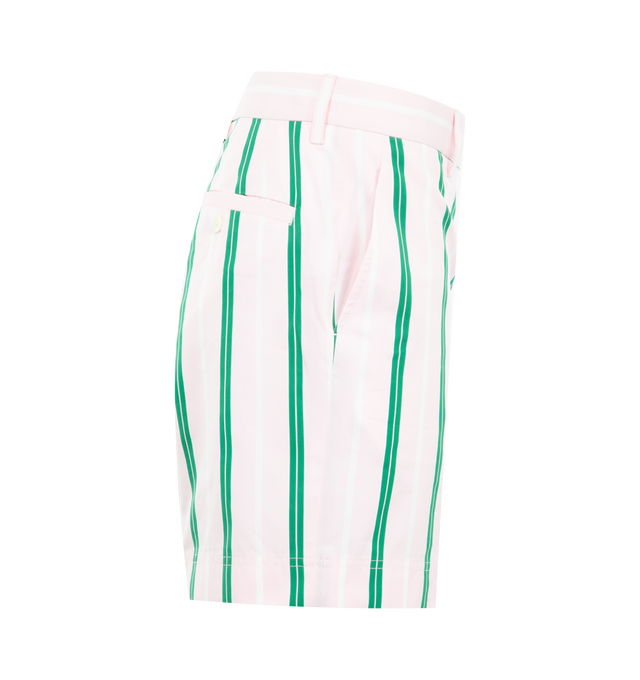 Image 3 of 3 - PINK - THOM BROWNE Repp Stripe Poplin Chino Shorts featuring tab closure with zip fly, slip hand pockets, buttoned back welt pockets, creased legs and signature striped grosgrain loop tab. 100% cotton. Made in Italy.