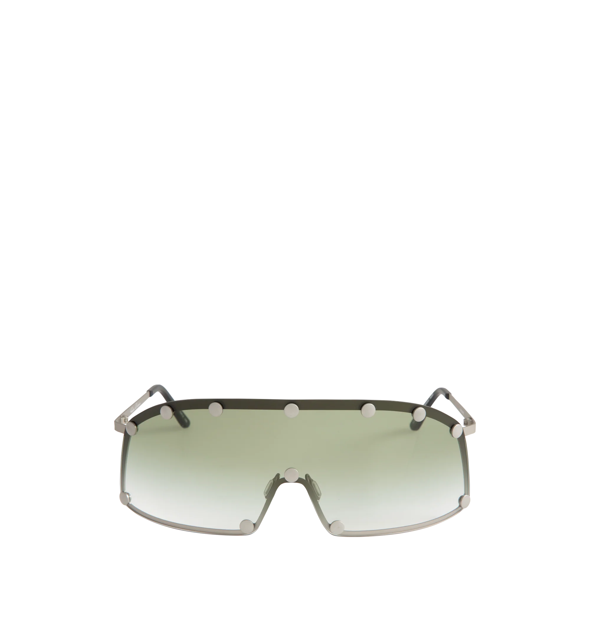 Image 1 of 3 - SILVER - Rick Owens Silver Shielding Sunglasses feature an aviator-style stainless steel frame with gradient green lenses and rivet detailing. Designed with adjustable rubber nose pads, rubber temple tips, and include a leather storage pouch. Frame Material: Stainless Steel. 100% UV protection. Made in Italy.