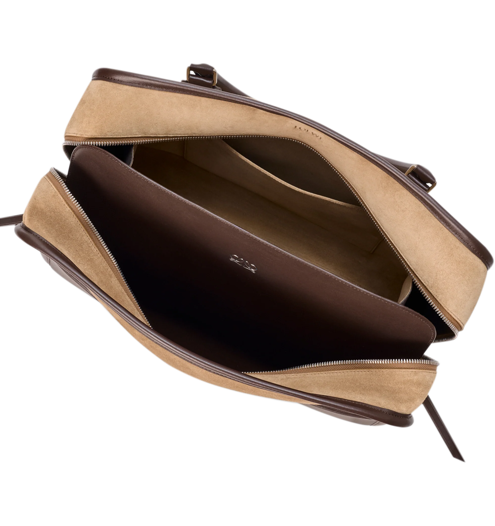 Image 11 of 16 - BROWN - Loewe Mens Amazona 180 XL Bag is crafted from suede with soft calfskin details. Features a relaxed silhouette, single toron top handle, removable shoulder handle, adjustable crossbody strap, zip closure with two leather pullers, two compartments with concealed magnetic closure, interior flat pocket, side D-ring, suede and nappa lambskin lining, palladium-tone hardware, and embossed LOEWE and Double L branding. Dimensions: 40 31 16 cm; Strap Length: 105133 cm; Strap Drop: 4761 cm;