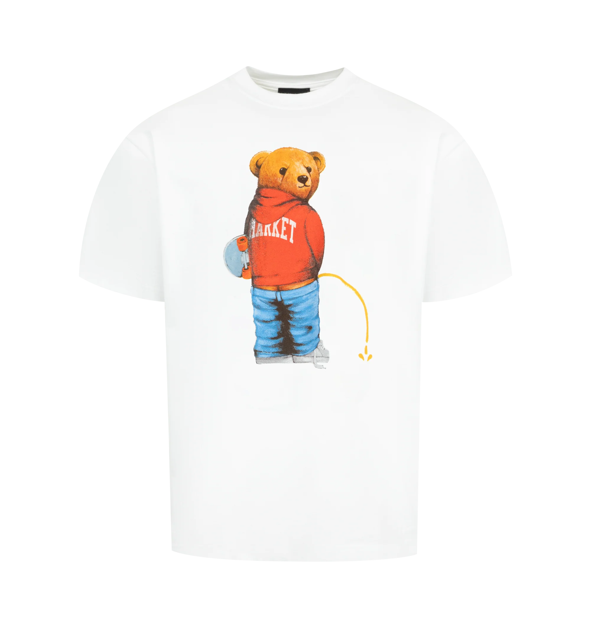 Image 1 of 2 - WHITE - Market Men's Trouble Making Bear T-Shirt is crafted from premium cotton and features a classic crew neckline, short sleeves, and signature Trouble Making Bear graphic artwork for a playful streetwear-inspired look. This designer graphic T-shirt combines exceptional everyday comfort with Market's bold, contemporary aesthetic, creating an effortless statement piece for casual styling. Main Material: 100% Cotton.