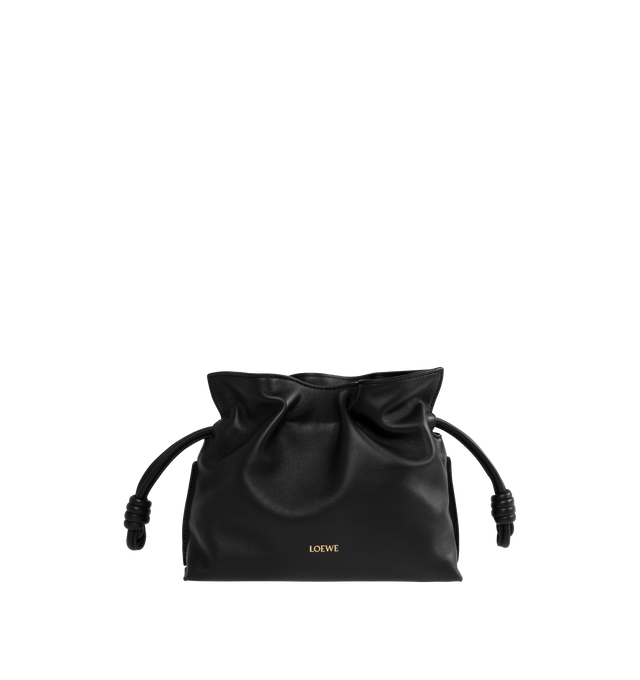 Image 1 of 3 - BLACK - LOEWE Mini Flamenco Clutch in nappa calfskin featuring a soft and slouchy bag with a cinched closure and historical knot drawstrings, shoulder, crossbody or hand carry, detachable and adjustable strap, discreet magnetic closure, suede lining and embossed Anagram. Nappa calf. 18 cm x 23.9 cm x 9 cm. Made in Spain.