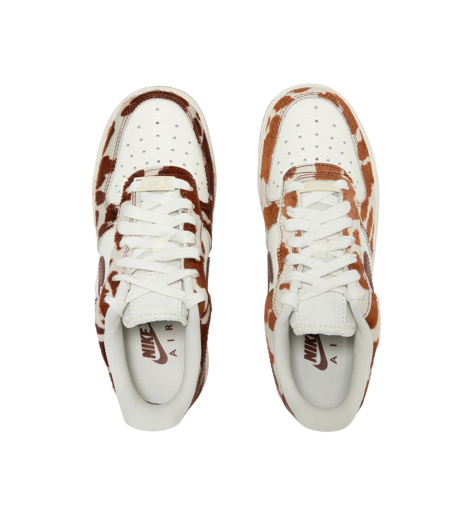 Image 5 of 5 - BROWN - Nike Womens Air Force 1 Sneakers are crafted from pony hair leather with smooth leather overlays. Feature a low-top silhouette, Nike Air cushioning, padded collar, stitched overlays, and a durable rubber cupsole. Main Material: Pony Hair Leather, Leather; Outsole: Rubber. Imported. 
