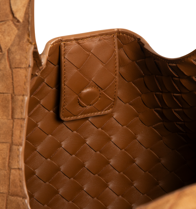 Image 4 of 4 - BROWN - BOTTEGA VENETA Large Campana Bag featuring shoulder bag with archival silhouette in soft Intrecciato suede, internal zipped pocket and leather tie closure with hidden magnet. 9.4" x 15.4" x 7.3". Calfskin. Made in Italy. This item may be restricted for online purchase to international clients. For assistance purchasing this item please contact our dedicated stylist team at personalshopping@hirshleifers.com.