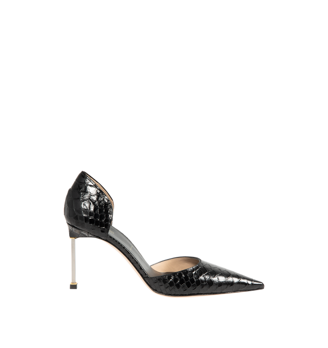 Image 1 of 4 - BLACK - TOM FORD Semi Shiny Printed Python Spire DOrsay Pump featuring a pointed toe, square metal stiletto heel and contrasting galvanic accents. 85mm. 100% calfskin. Lining: nude leather. Made in Italy.