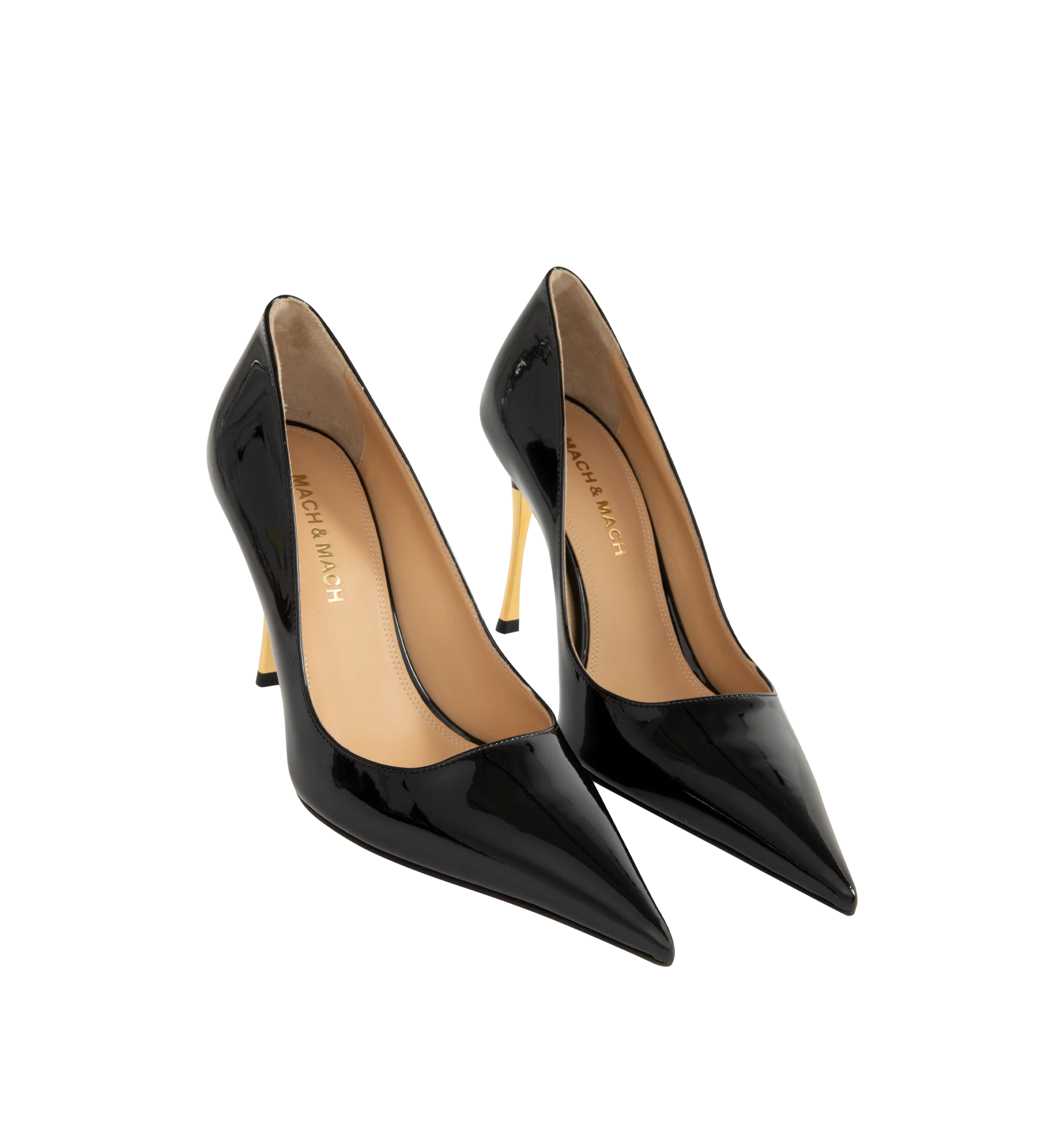 Image 2 of 4 - BLACK - Mach  Mach Women's Supernova Gold Heel Pump is crafted from glossy patent leather and features an elegant pointed-toe silhouette with a 95mm heel. Designed with a gold heel design for a refined statement. Main Material: Patent Leather.  Made in Italy. 