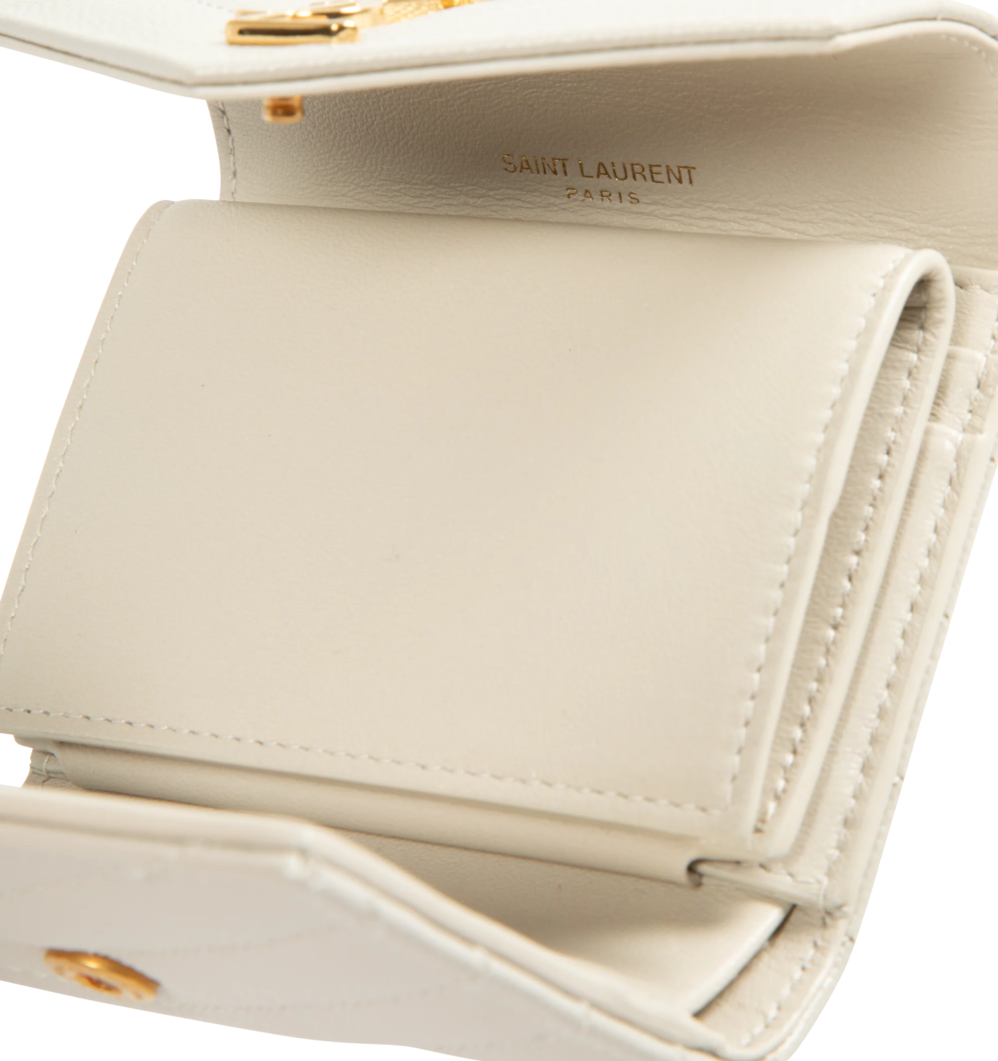 Image 3 of 3 - WHITE - SAINT LAURENT Multi Folded Wallet featuring logo on front, quilted overstitching, gold-toned metal hardware, snap button closure, five card slots, one coin pocket, one bill compartment, one receipt compartment and leather lining. 3.9 x 3.5 x 1.2 inches. Calfskin. Made in Italy. 
