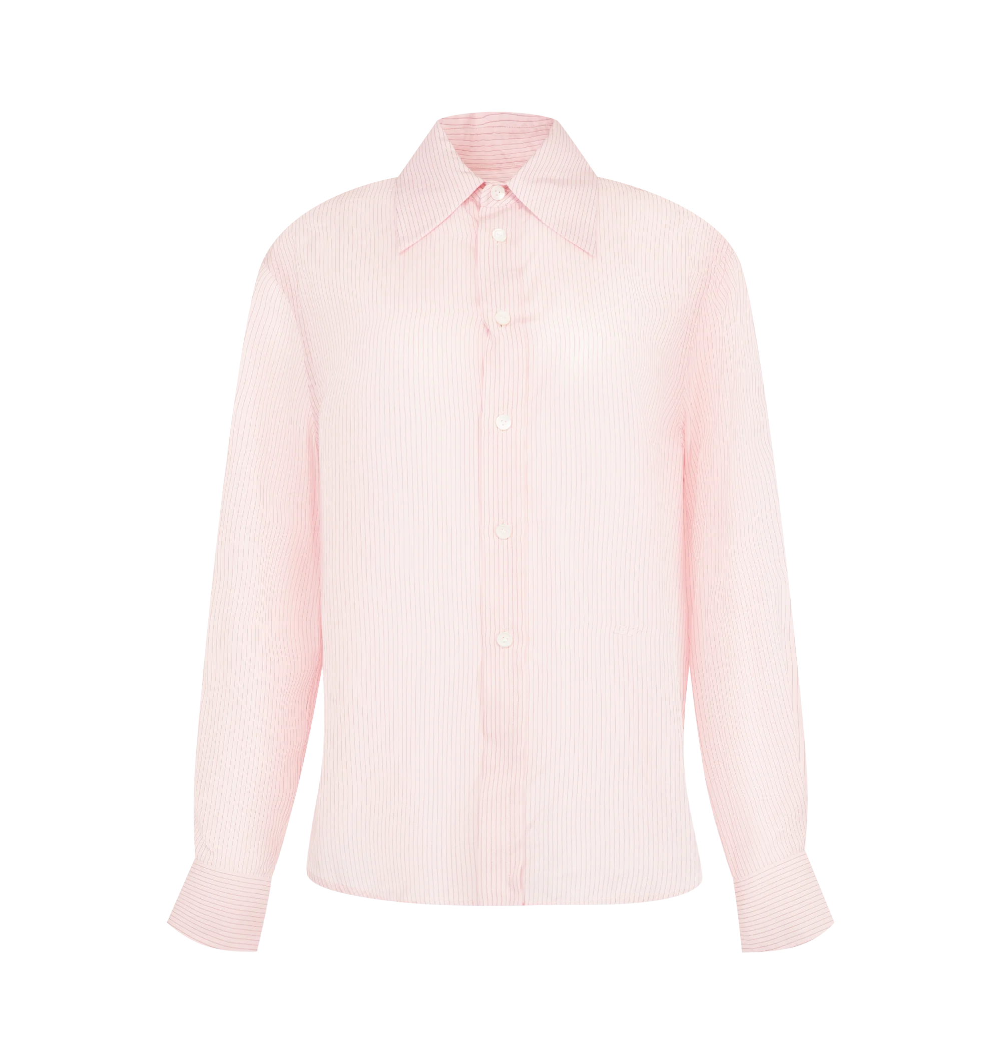 Image 1 of 2 - PINK - BOTTEGA VENETA Women's Shirt is crafted from pinstriped crepon and features a relaxed silhouette with crisp all-over stripes. Designed with a button-down closure and a curved hem, it is finished with discreet embroidered BV logo detailing. Main Material: 58% Viscose, 42% Cupro. Made in Italy.