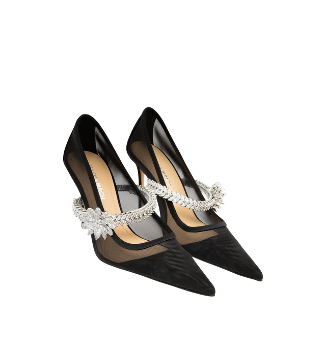 Image 2 of 4 - BLACK - MACH MACH Lotus Flower Jewelled Mesh Pumps featuring sheer Italian mesh with a crystal strap, pointed toe and 95 mm heel. Upper: 100% Polyamide with crystal embellishment. Lining: 100% Kid Leather. Sole: 100% Calf Leather. Made in Italy.