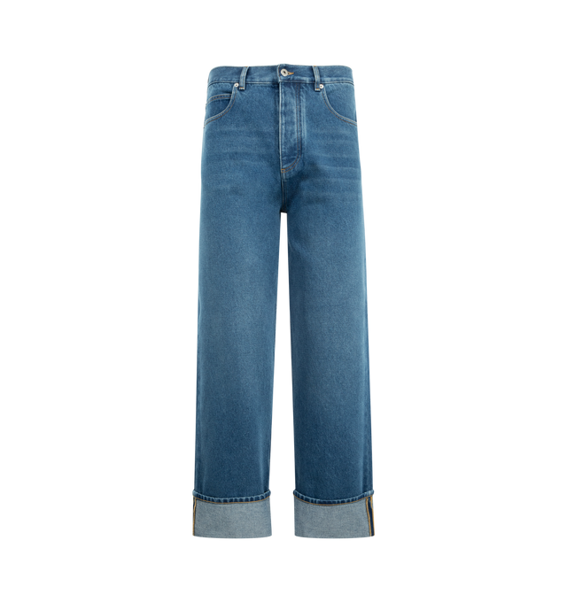 Image 1 of 3 - BLUE - Medium Indigo Turned-Up Jeans featuring wide leg, turned-up hem, embossed Intrecciato leather patch and button closure. 100% cotton. Made in Italy.