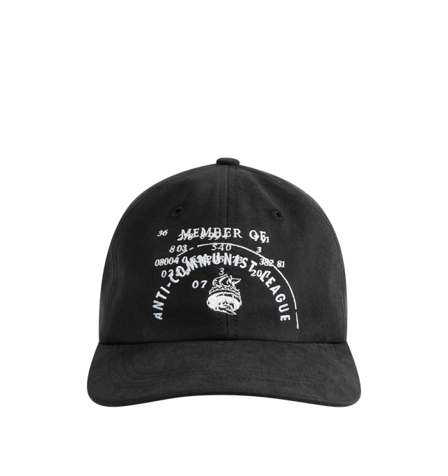 Image 1 of 2 - BLACK - ENFANTS RICHES DEPRIMES Anti Communist League 6-PNL Hat featuring 6-panel baseball cap, washed Japanese cotton twill, embroidered artwork at the front and back, a curved brim, a twill browband and a leather strap fastening at the back with silver-tone hardware.