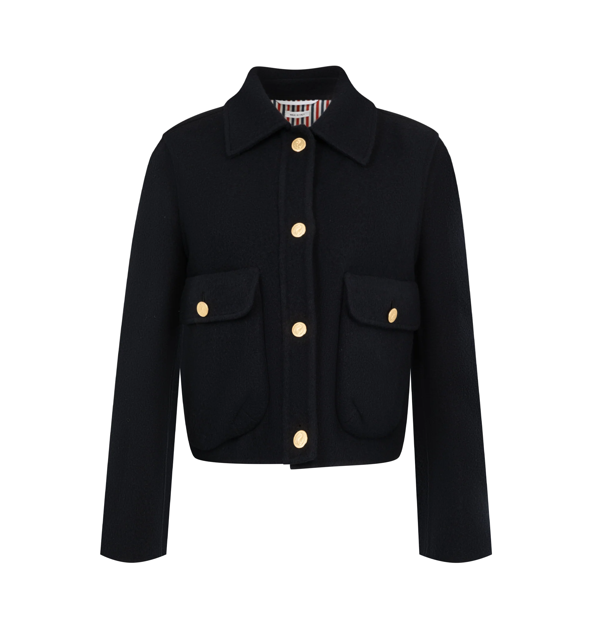 Image 1 of 3 - BLUE - Thom Browne Womens Bell Sleeve Boiled Wool Jacket is crafted from boiled virgin wool and features a sculptural silhouette with bell sleeves, front anchor-detailed button closure, bellows flap hand pockets, a tricolor-lined back yoke, and the signature striped grosgrain loop tab. This designer wool jacket combines architectural tailoring with a modern silhouette for elevated everyday layering. Main Material: 100% Virgin Wool; Lining: 100% Silk. Made in Italy.
