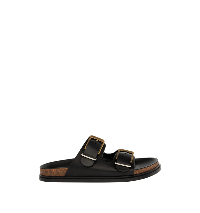 Image 1 of 4 - BLACK - THE ROW Buckle Slide featuring double-strap sandal in natural calfskin suede with adjustable straps, custom two-tone metal buckles, and contoured footbed in lightweight cork with durable rubber sole. 100% calfskin leather. Made in Italy.