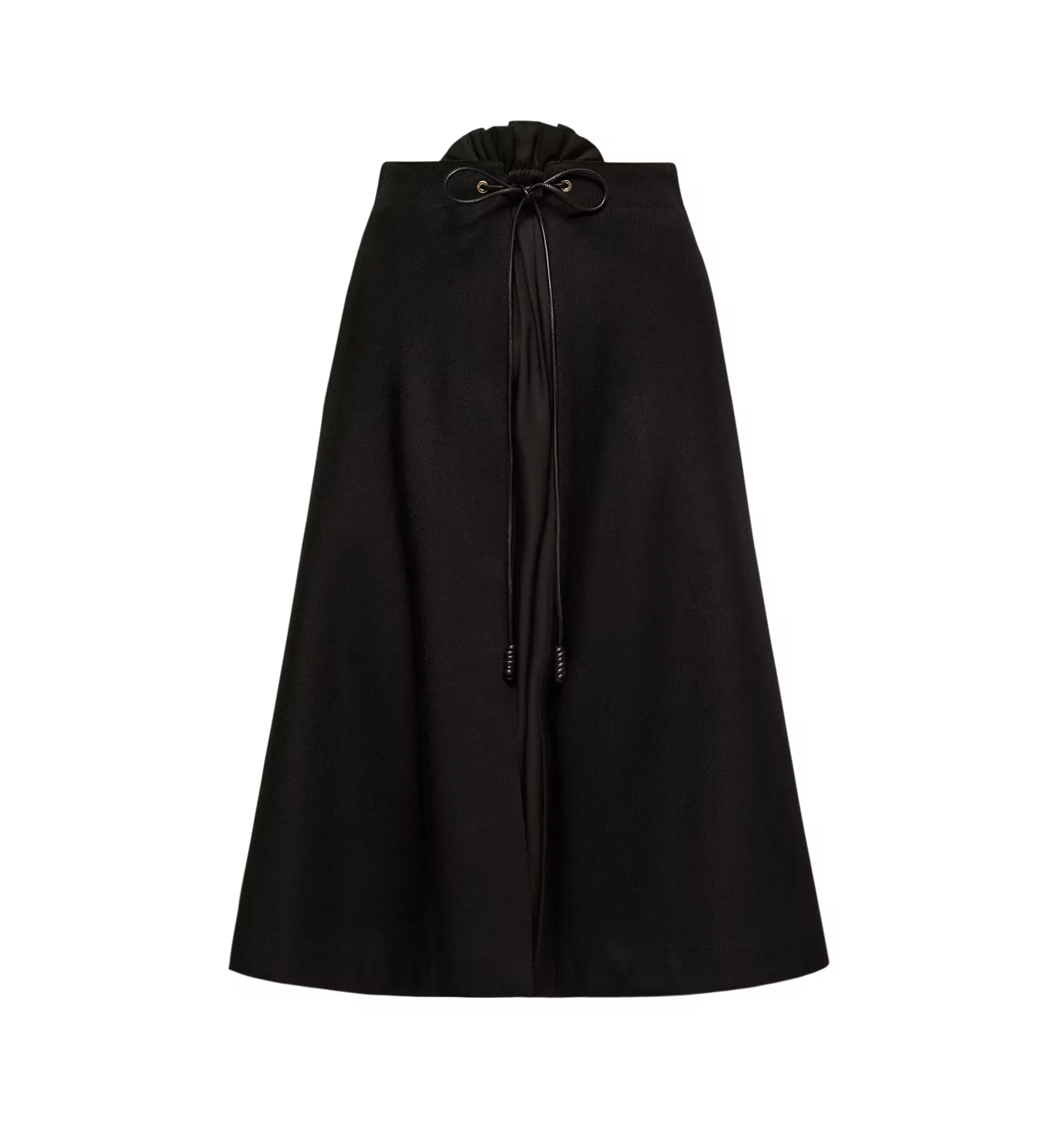 Image 1 of 1 - BLACK - Moncler Women's Wool Gabardine Midi Skirt is crafted from heavy virgin wool gabardine, offering a fluid silhouette that balances structure and movement. Designed with refined tailoring and an adjustable waist for a personalized fit, this elegant midi skirt is finished with a hidden zipper closure and a signature leather logo patch. Exterior: 100% Virgin Wool; Lining: 100% Viscose/Rayon; Leather Tag: Calf Leather.