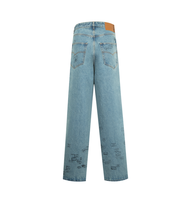 Image 2 of 3 - BLUE - VETEMENTS Passport Stamp Jeans featuring graphic print, five pockets, belt loops, button zip closure, mid rise and passport stamps throughout. Cotton.