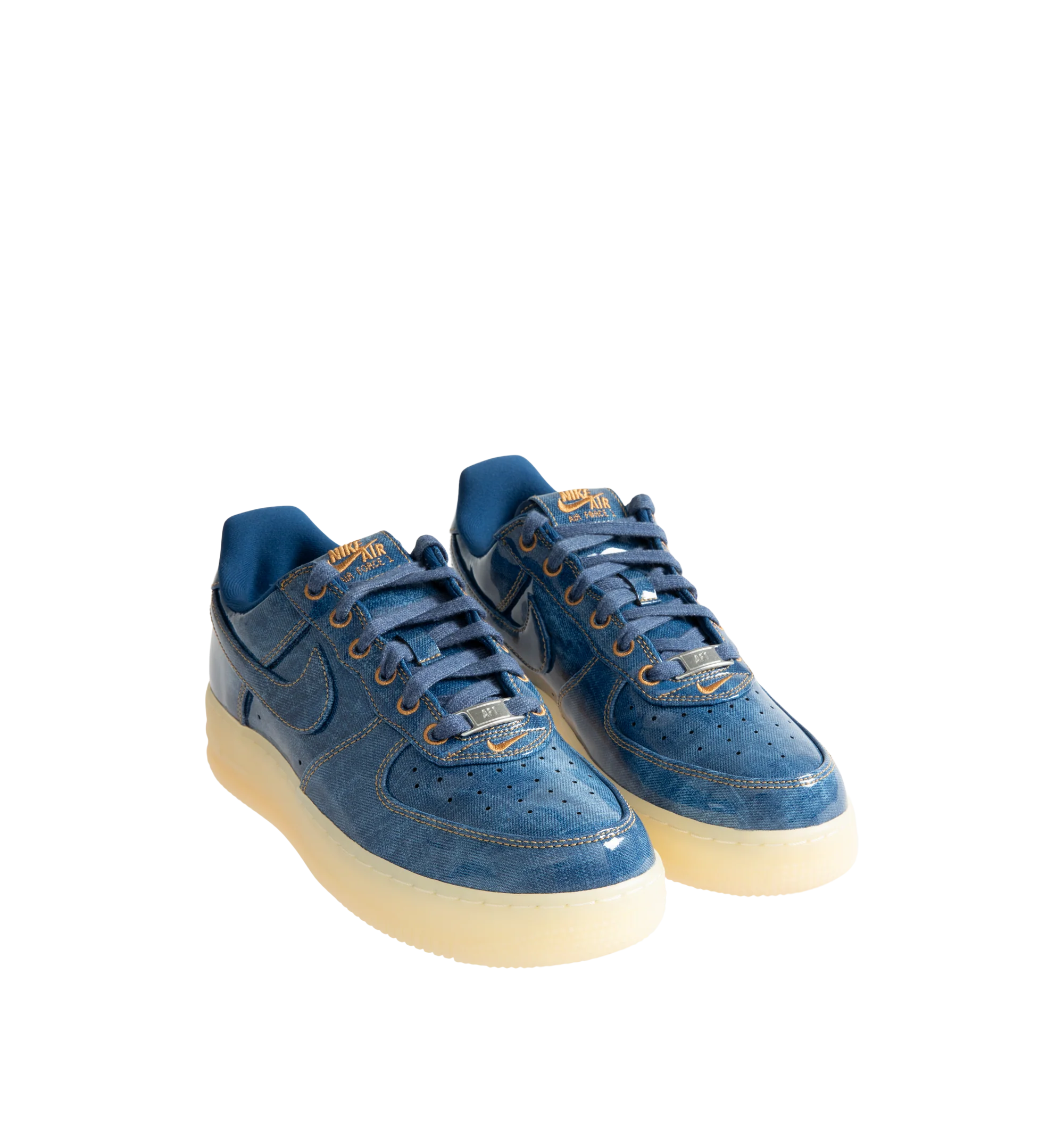 Image 2 of 5 - BLUE - Nike Men's Air Force 1 Low Retro Premium Sneaker featuring patent leather denim upper with perforated toe box, Nike Air technology and rubber outsole with heritage hoops pivot circles.