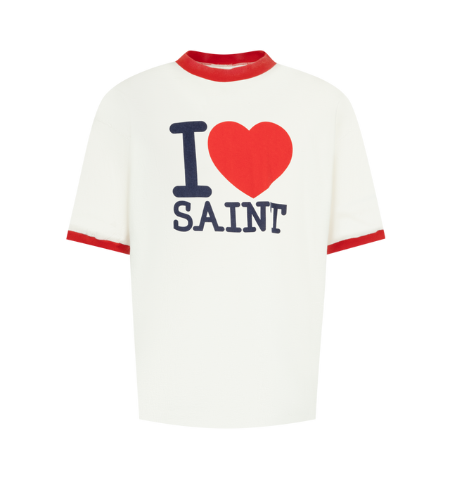 Image 1 of 2 - WHITE - SAINT MICHAEL I Love Saint T-Shirt featuring short sleeves, regular fit, contrast collar and cuffs, crew neck and graphic print on front and back. Cotton.