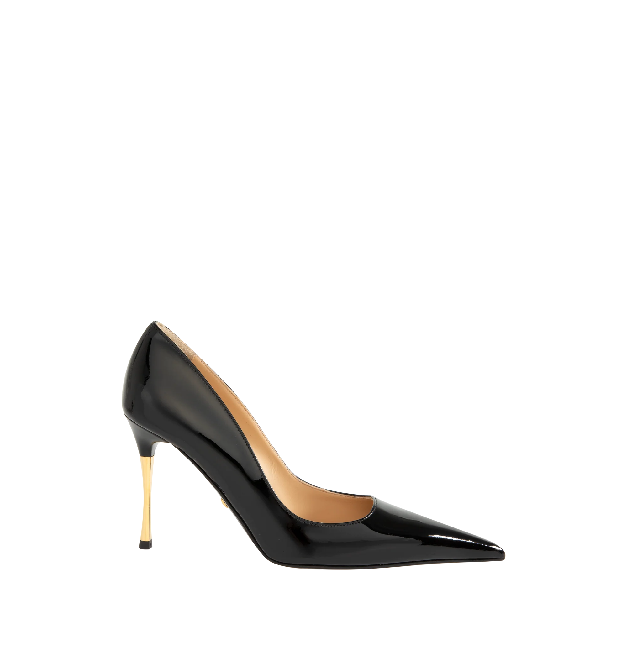 Image 1 of 4 - BLACK - Mach Mach Women's Supernova Gold Heel Pump is crafted from glossy patent leather and features an elegant pointed-toe silhouette with a 95mm heel. Designed with a gold heel design for a refined statement. Main Material: Patent Leather. Made in Italy.