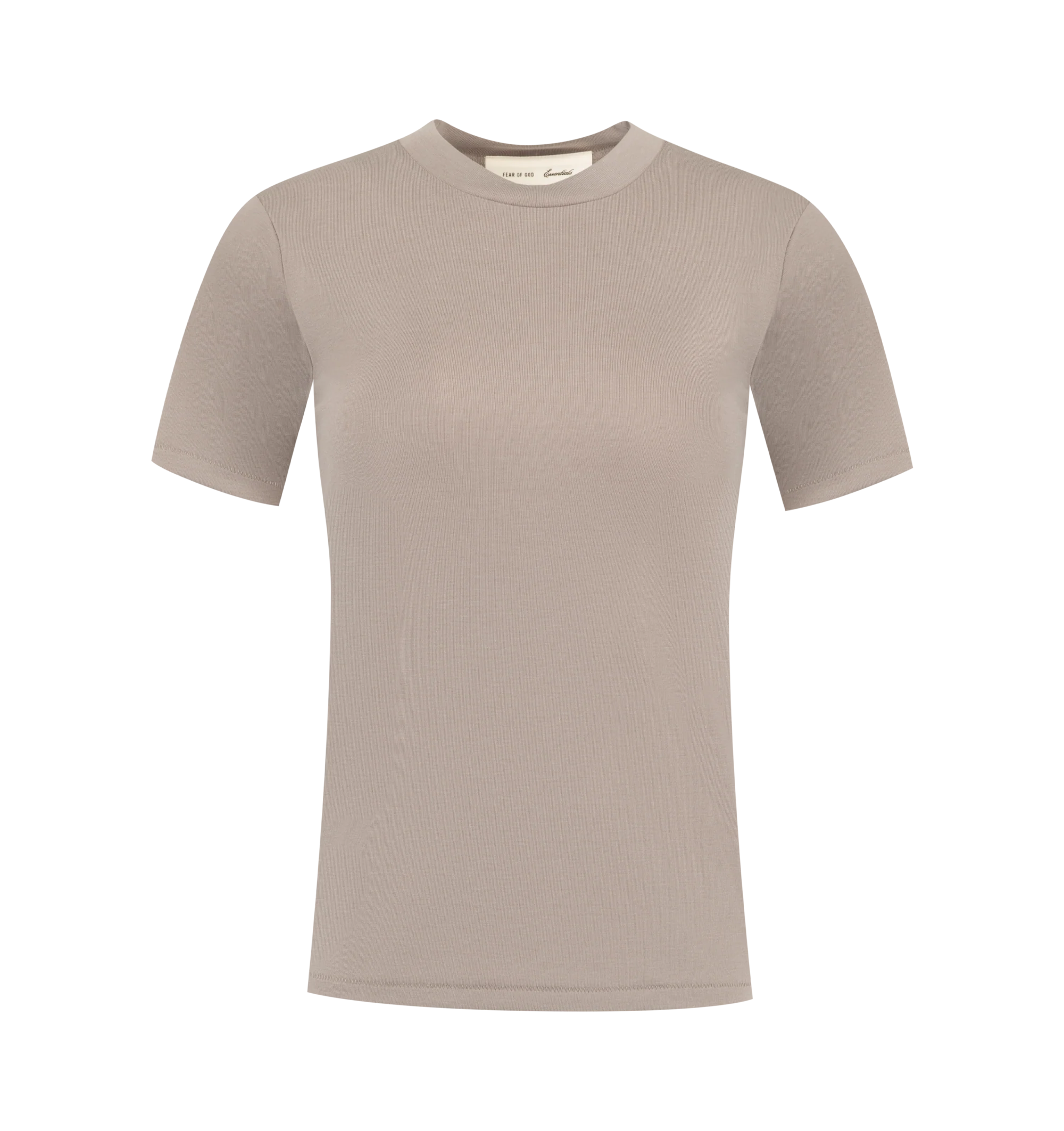 Image 1 of 2 - NEUTRAL - Fear of God Essentials Womens Soft Rib Fitted Tee is crafted from a soft cupro blend rib-knit jersey. Features a fitted silhouette, rib-knit crew neckline, short sleeves, and signature Essentials label at the back. Main Material: 75% Cupro, 22% Viscose, 3% Spandex.