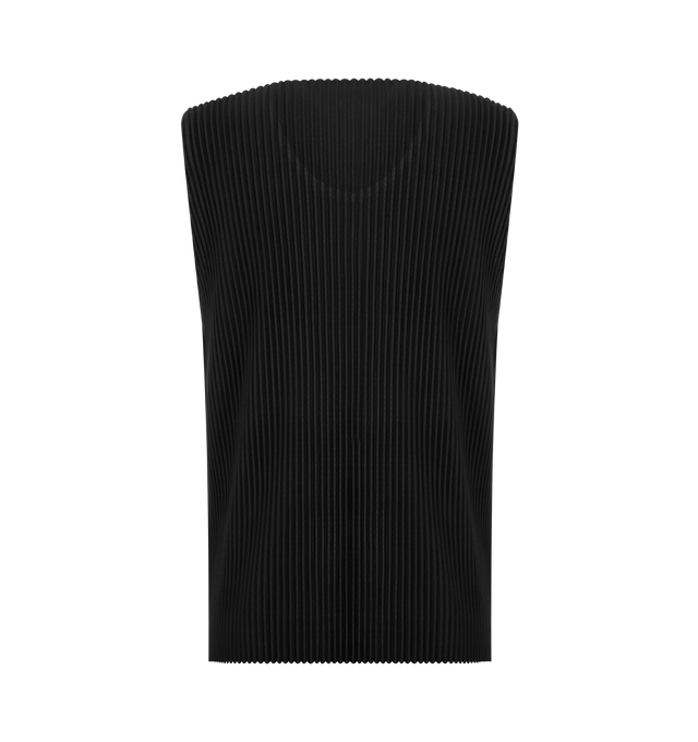 Image 2 of 2 - BLACK - Issey Miyake Men's round-neck sleeveless top in a simple design makes it ideal as an inner layer for styling with a jacket.  Featuring the portability and light comfort of the polyester material that is inherently quick drying with slits on both sides. 100% Polyester. Made in Japan. 