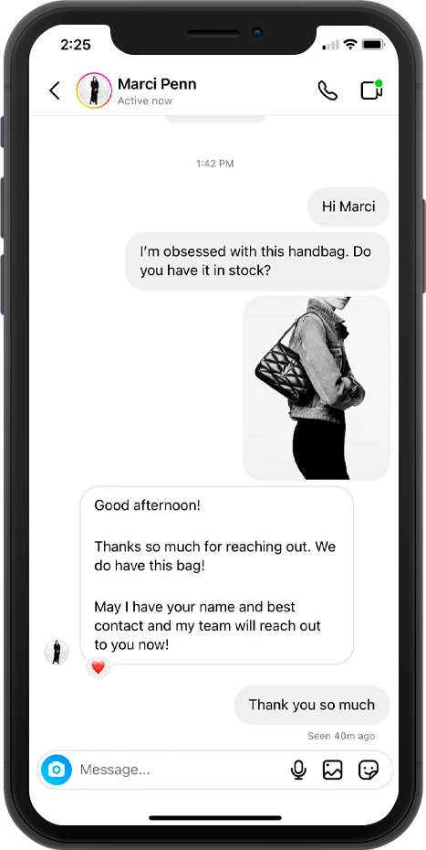 Marci Penn Hirshleifer's iPhone chat with client seeking Saint Laurent shoulder bag 