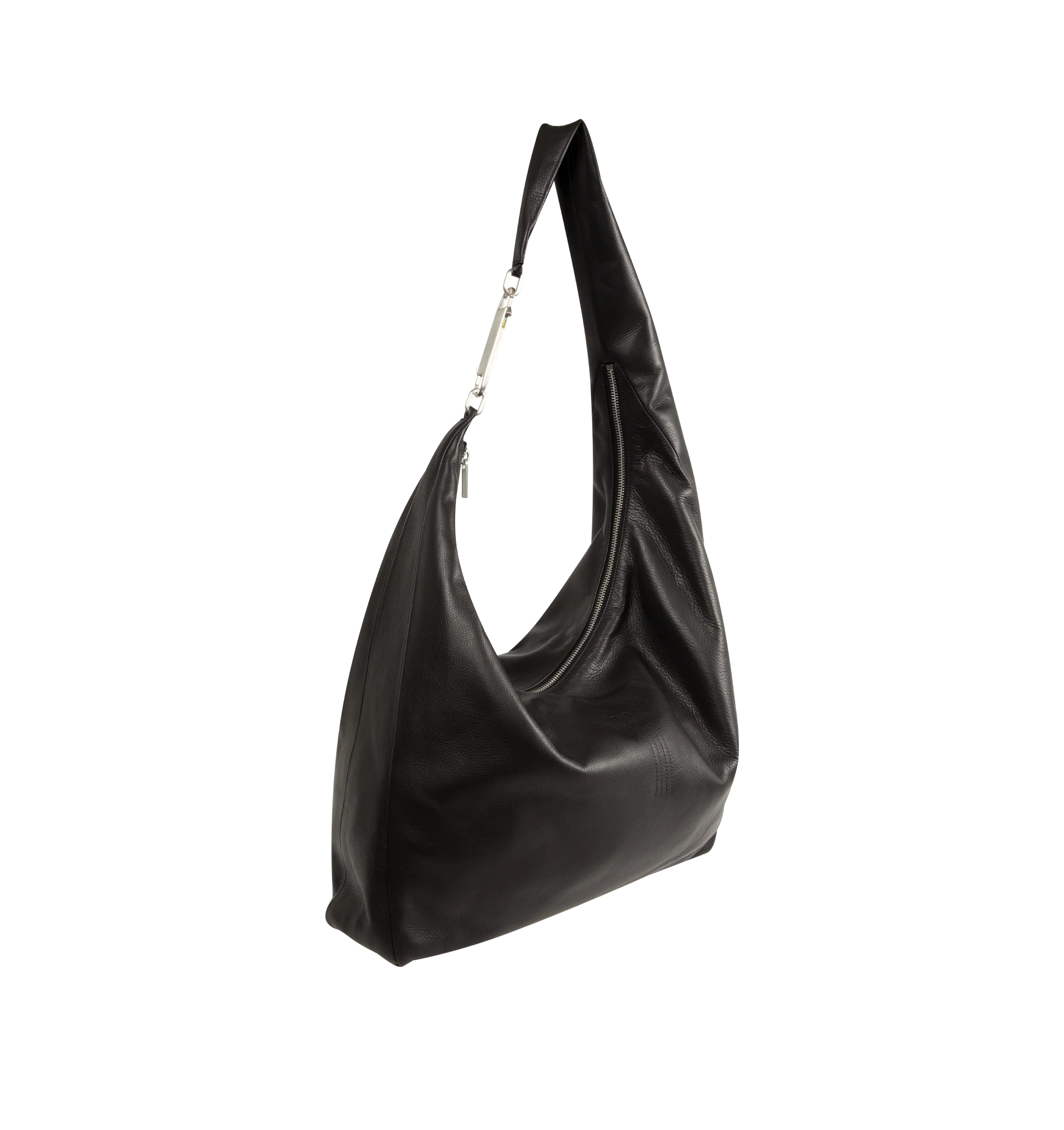 Image 2 of 3 - BLACK - Rick Owens Gemini Bag is crafted from glossy butter calf leather and features a large, soft A-shaped silhouette with a slouched center and curved shoulder strap. Designed with a top zip closure, Gemini double-ended snap hook engraved with the Rick Owens logo, an interior pouch pocket, and an exterior flat pocket with signature U-shaped stitching detail. Main Material: 100% Calf Leather. Dimensions: 54 cm x 38 cm x 12 cm. Fits: 13"16" laptop, documents, tablet, wallet, phone, water b 
