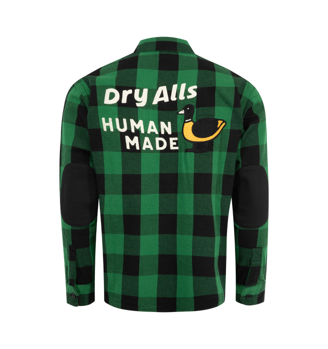 Image 2 of 2 - GREEN - HUMAN MADE Check Half-Zip Shirt featuring relaxed fit, shirt collar, front half zip, elbow patches, adjustable button cuffs, chain-stitched embroidery at chest and back and button closure patch chest pockets. 100% cotton. Made in Japan.