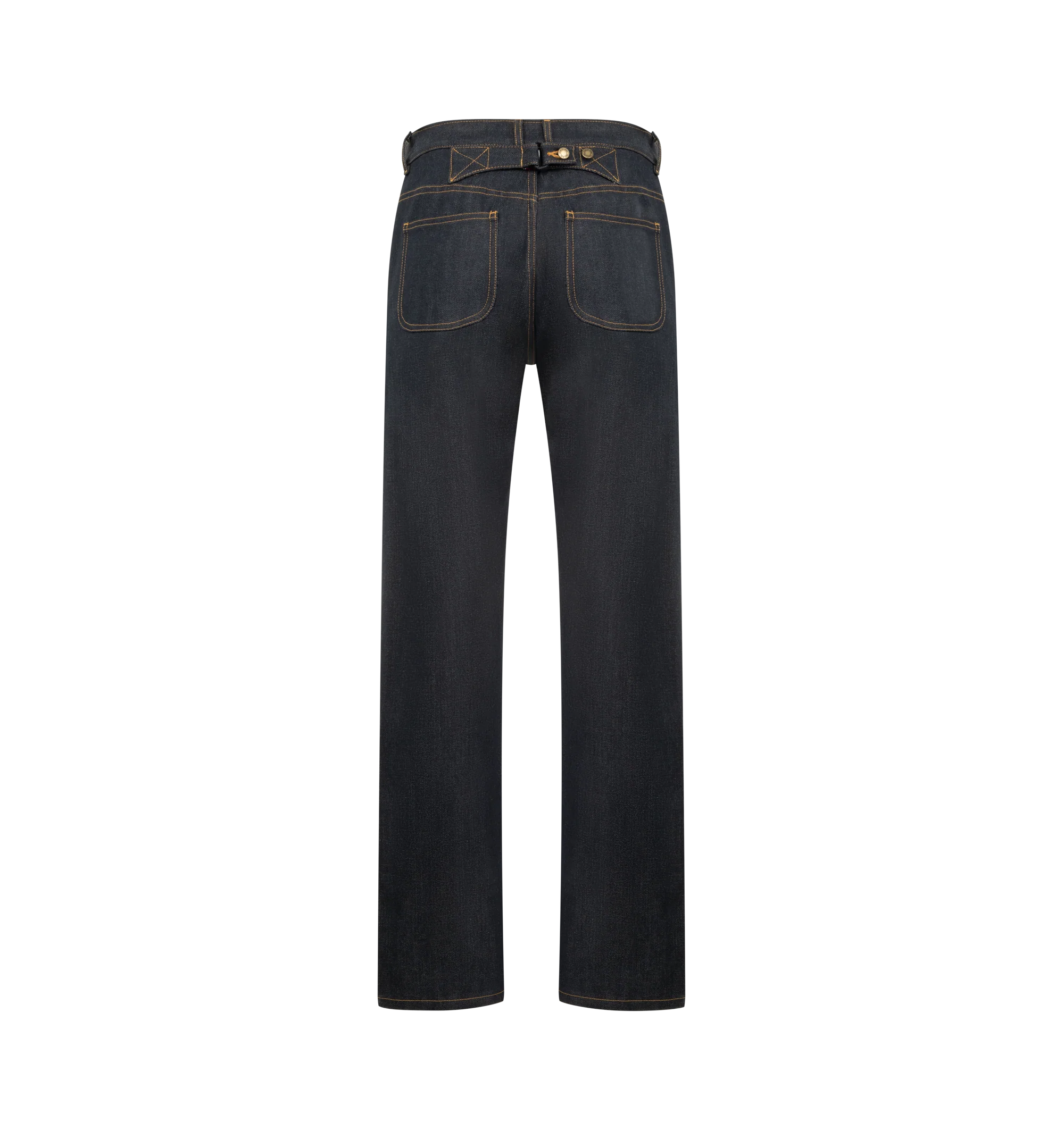 Image 2 of 3 - NAVY - THOM BROWNE Selvedge Denim 5 Pocket Pant featuring button fly closure, 5-pocket style, adjustable buttoned backstrap, selvedge detail visible at inner cuffs and signature striped grosgrain loop tab. 100% cotton. Made in Japan.