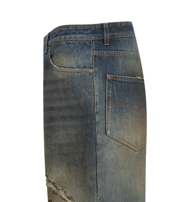 Image 3 of 3 - BLUE - VETEMENTS Distressed Baggy Jeans featuring fading, smudging, whiskering, and distressing throughout, belt loops, five-pocket styling, zip fly, rip at knee, logo topstitching at back pockets and contrast stitching in tan. 100% cotton. Made in Italy.