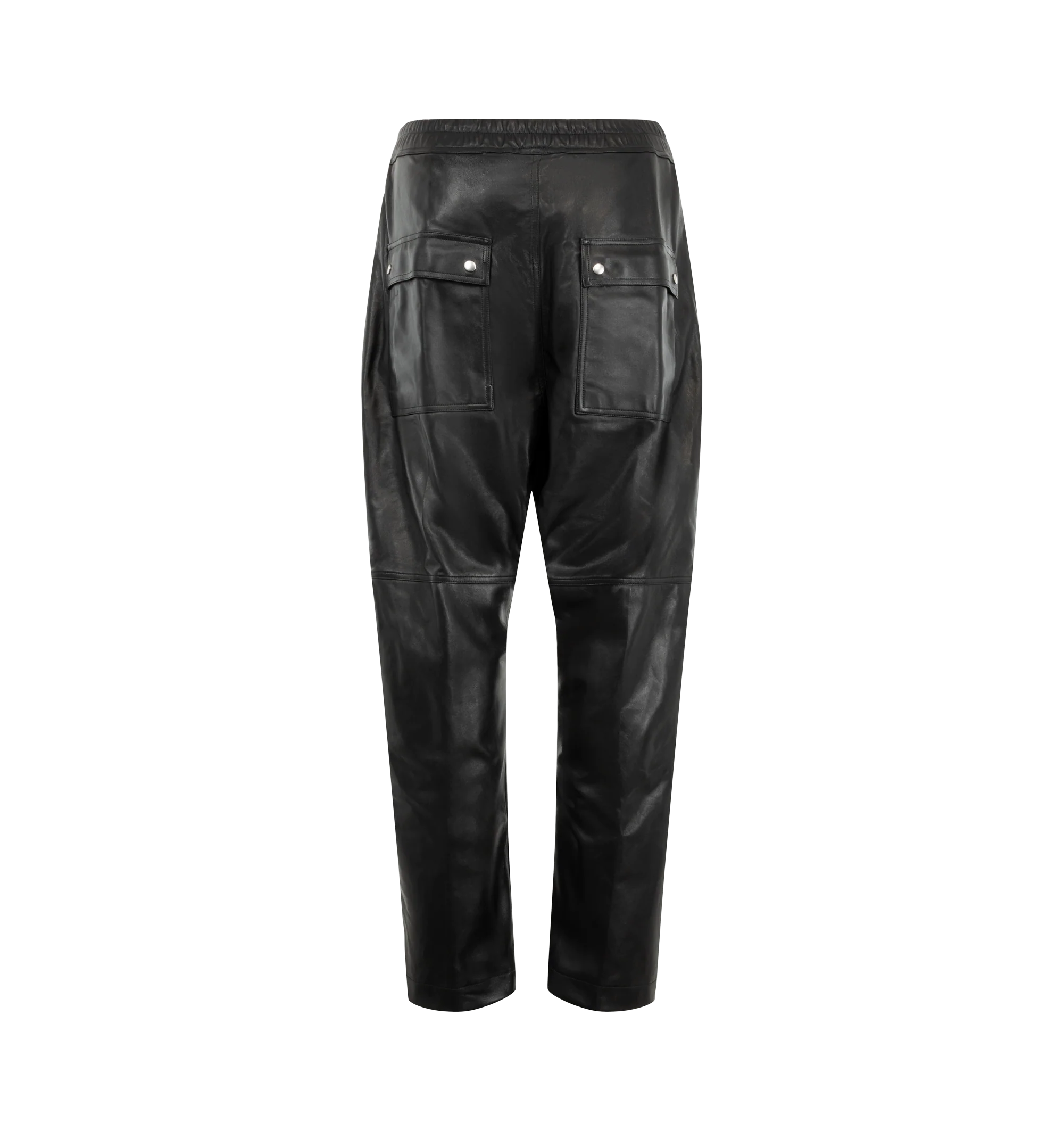 Image 2 of 3 - BLACK - Rick Owens Men's Bela Pants are crafted from lightweight waxed lamb leather and feature a loose-fit, full-length silhouette with a dropped crotch. Designed with an elasticized drawstring waistband, exposed zip Bela fly, side welt pockets, and back flap pockets with snap closures. Main Material: 100% lamb leather. Lining: 100% cupro.  