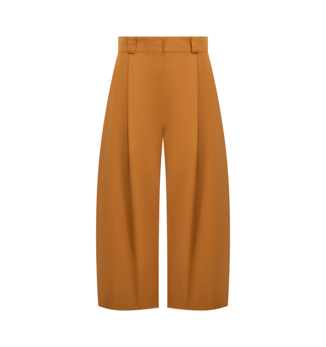 Image 1 of 3 - BROWN - BALENCIAGA Pleated Barrel-Leg Ankle Bermuda Pants featuring curved barrel silhouette with a single pleated front, mid rise sits high on hip, single pleated front, two front slash pockets, two back welt pockets, leather jacron with Balenciaga logo at the back, curved barrel legs, cropped at the ankle, covered snap button, zip fly and belt loops. Cotton/leather. Made in Italy.