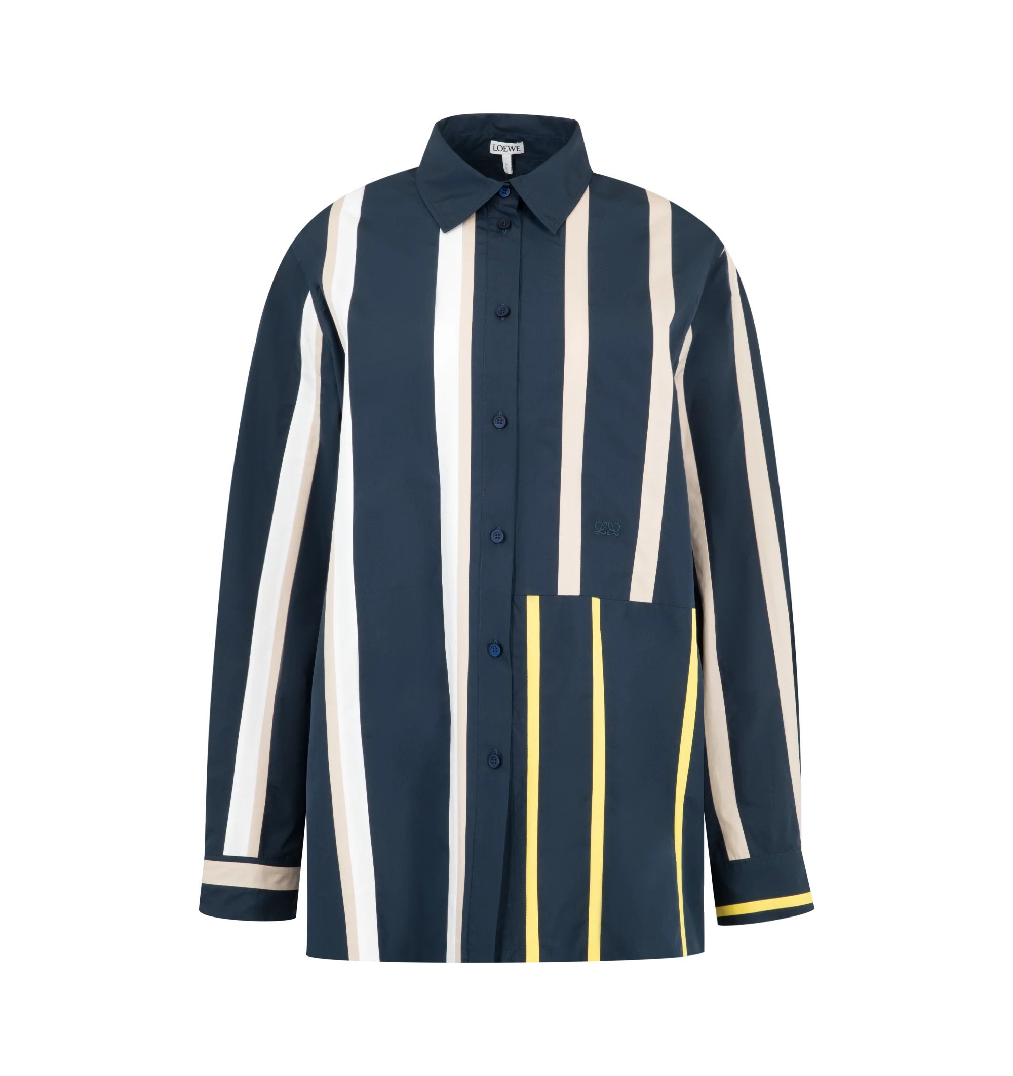 Image 1 of 2 - BLUE - Loewe Womens Striped Shirt is crafted from lightweight cotton poplin. Features a regular fit, classic collar, button-front closure, buttoned cuffs, striped patchwork detailing, and Double L embroidery at the front. Main Material: 100% Cotton. Made in Madagascar.