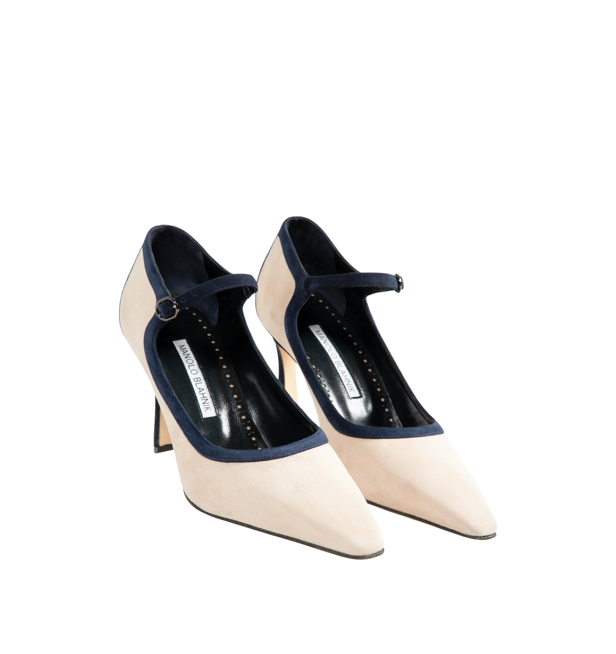 Image 2 of 4 - NEUTRAL - Manolo Blahnik Women's Churla 90 Pumps are crafted from kid suede and feature an almond toe, contrasting navy heel counter, edging, and ankle strap with a buckle closure, finished with a sculptural 90mm angular heel. These designer suede pumps combine exceptional Italian craftsmanship with timeless Mary Jane styling, making them an elegant choice for both day and evening wear. Main Material: 100% Kid Suede. Lining: 100% Kid Leather. Sole: 100% Calf Leather. Heel Height: 90mm. Made i