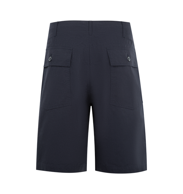Image 2 of 3 - NAVY - ENGINEERED GARMENTS Fatigue Shorts featuring lightweight cotton ripstop fabric, two large fatigue pockets, hidden stash pocket, button closure back pockets, adjustable waist, universal zipper fly and drawstring leg opening. 100% cotton. Made in USA. 