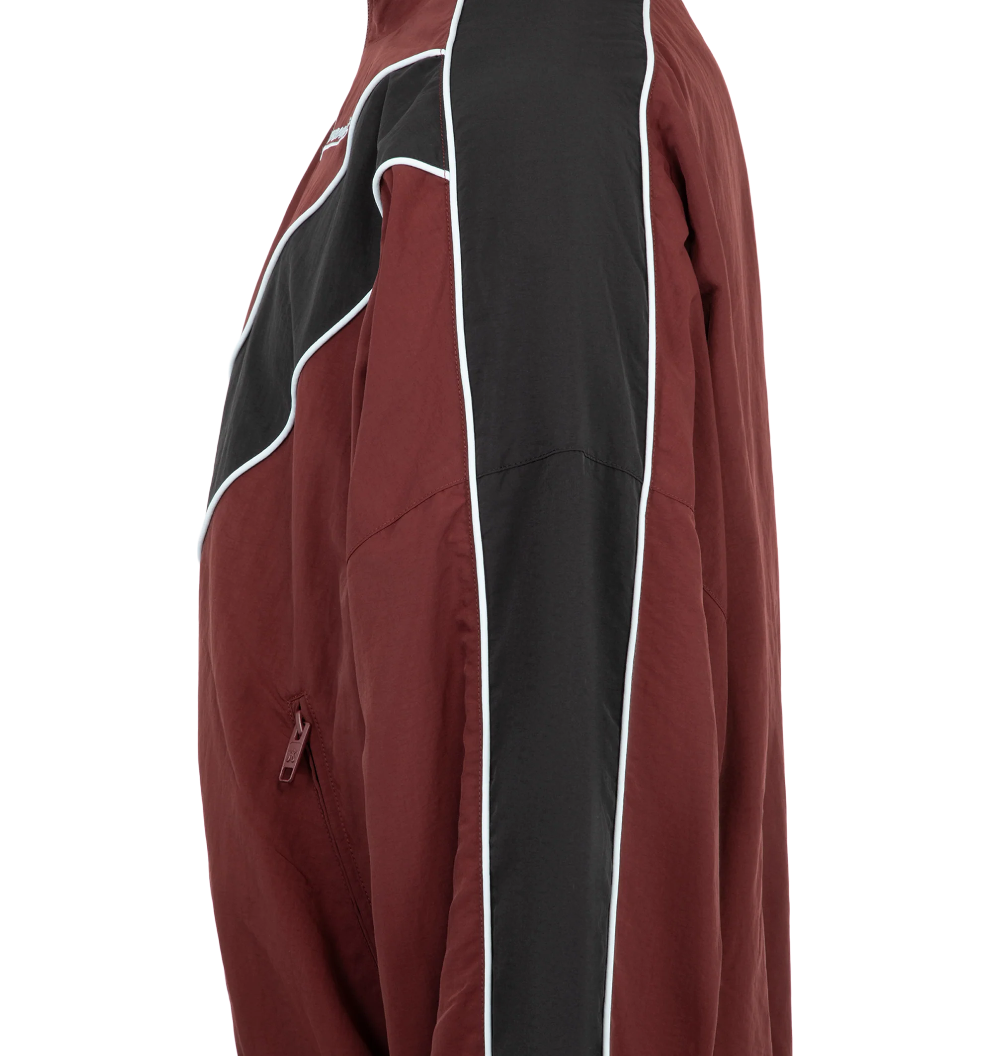 Image 3 of 3 - RED - Willy Chavarria Bad Boy Track Jacket is crafted from nylon and features a sleek, true-to-size silhouette defined by bold chevron paneling and contrast piping. Designed with a stand collar, front zip closure, two zippered pockets, stacked script logo detailing, and elasticized cuffs and hem. Main Material: 100% Nylon. Lining: Polyester. 