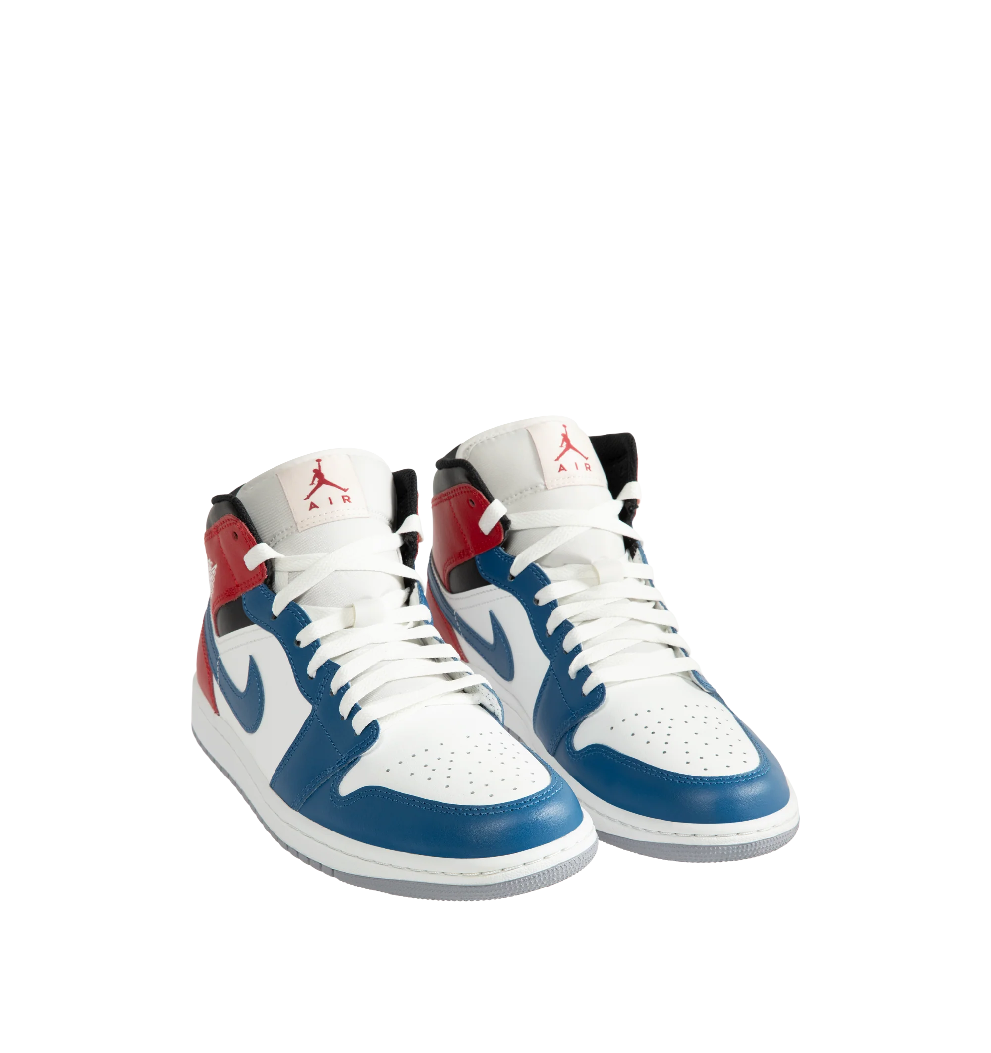 Image 2 of 5 - MULTI - Men's Air Jordan 1 Mid Sneakers feature a leather, synthetic leather, and textile upper with the iconic mid-top silhouette for a timeless heritage look. These lifestyle sneakers combine lightweight Nike Air cushioning, a foam midsole, and a durable rubber outsole with a pivot-circle traction pattern for lasting comfort, support, and reliable grip. Main Material: Leather, Synthetic Leather, and Textile. Midsole: Foam with Nike Air Cushioning. Sole: Rubber.