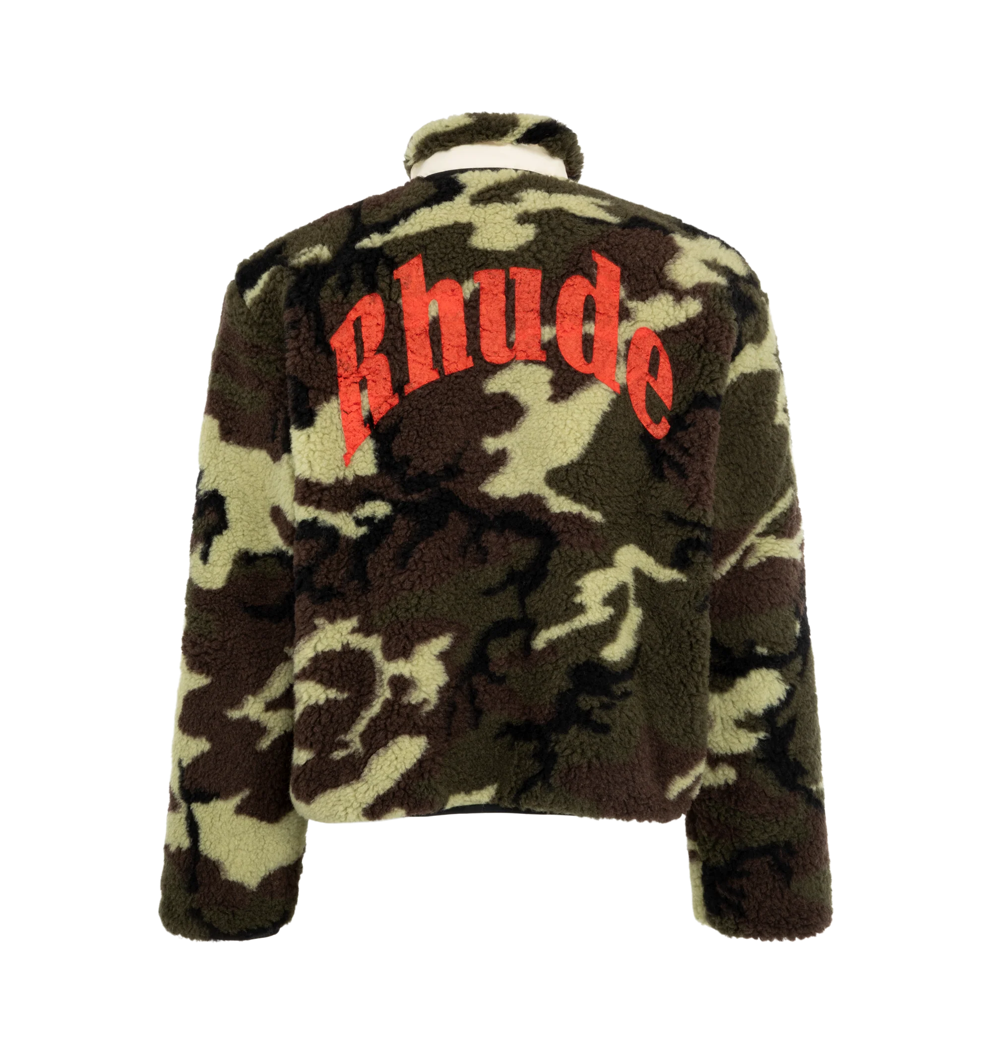 Image 2 of 3 - GREEN - Rhude Men's Parilla Camouflage Wool-Blend Fleece Jacket is crafted from camouflage-patterned wool-blend fleece and features a stand collar with a zip-front silhouette. Designed with a logo motif at the front and back, a chest zip pocket, welt pockets, elasticized cuffs, and an adjustable drawstring hem for a functional yet elevated finish. Main Material: 74% Wool, 26% Polyester. Lining: 100% Polyester.