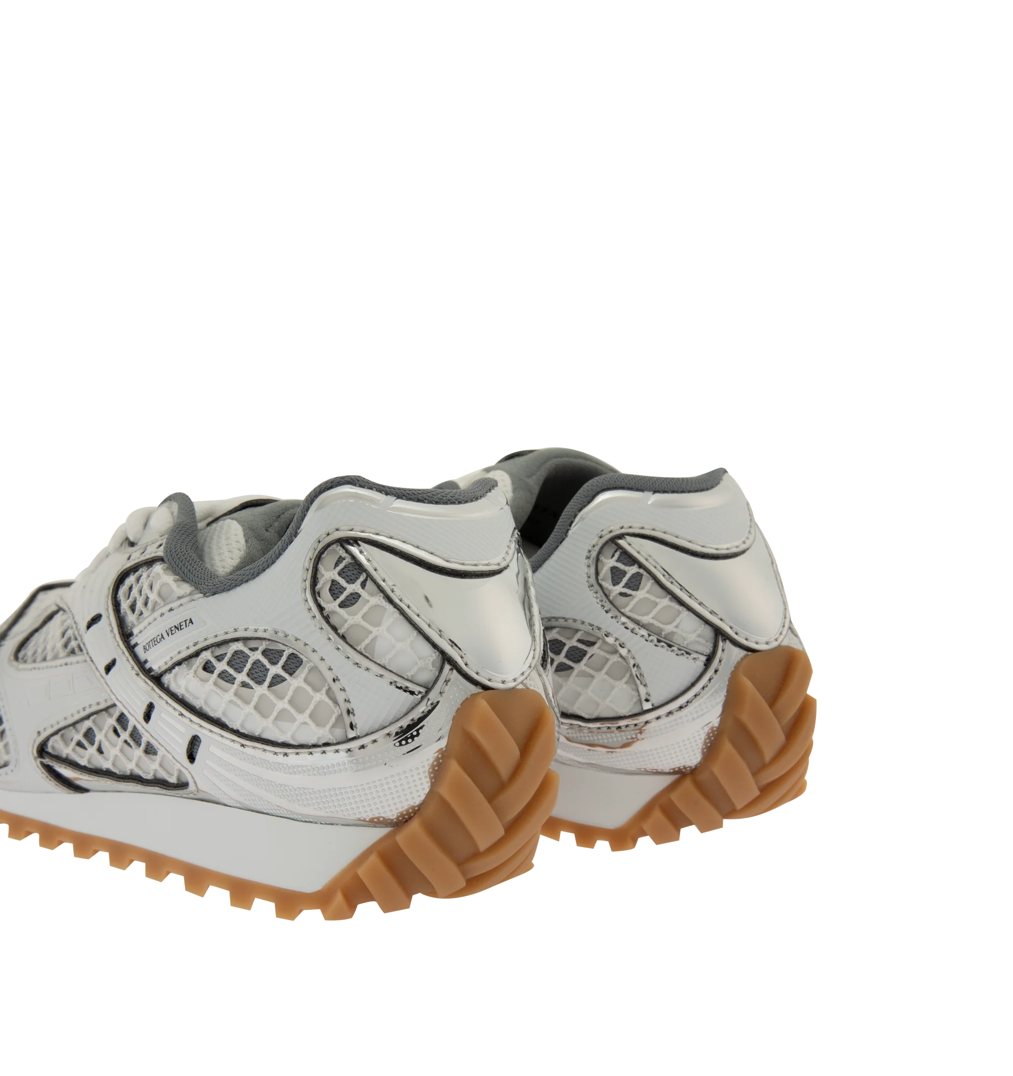 Image 3 of 5 - GREY - Bottega Veneta Orbit Sneaker featuring lace-up front, metallic rubber, mesh and fishnet panels, signature intrecciato weave and gripped soles. Rubber outsole. Made in Italy. 