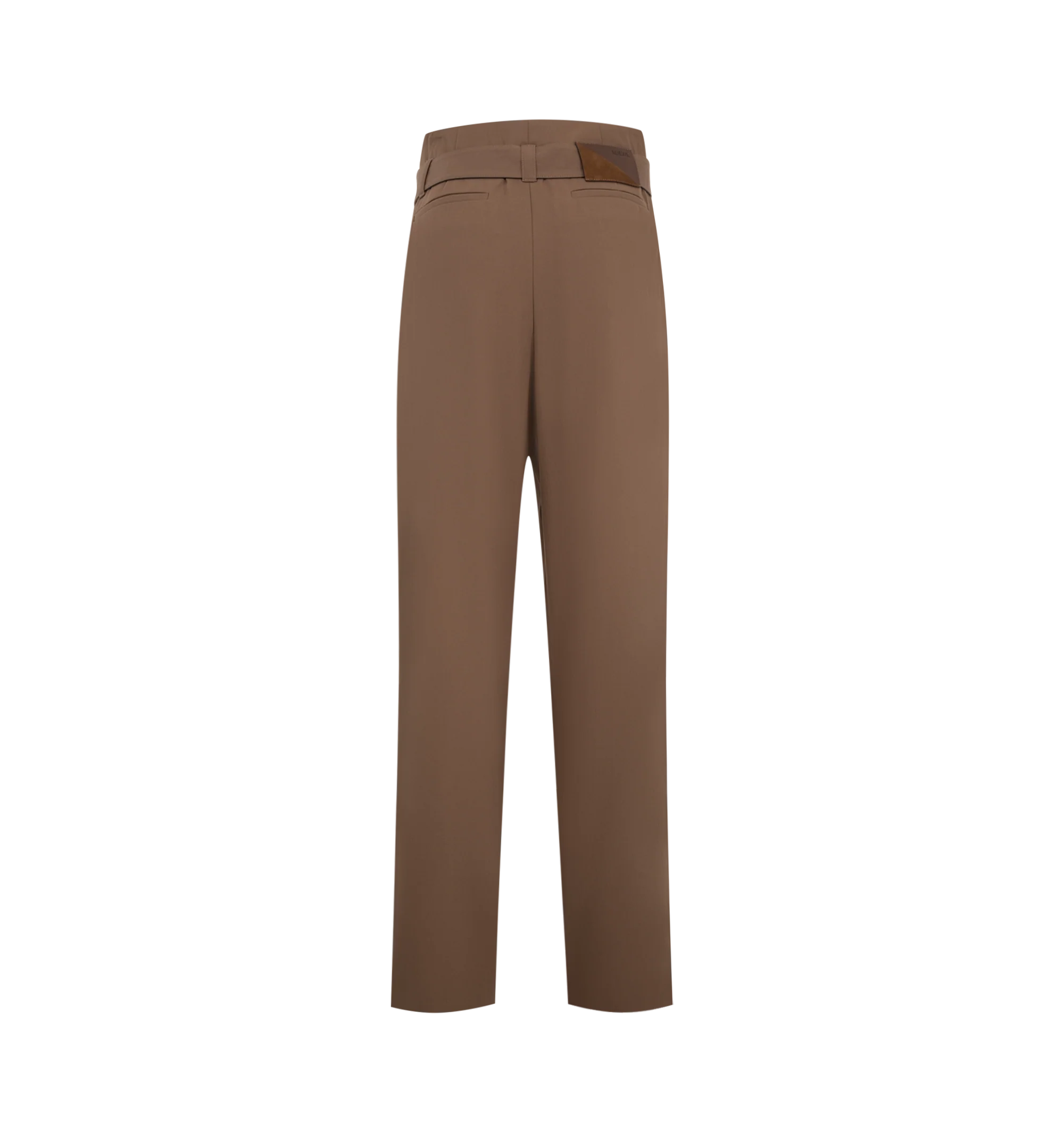 Image 2 of 3 - BROWN - Loewe Women's Trousers are crafted from lightweight cotton utility and feature an asymmetric draped front with a detachable leather-backed buckle belt. Designed with a relaxed, wide-leg silhouette, they are finished with a mid waist, concealed hook-and-button fastening, seam and welt pockets, and a LOEWE-embossed leather and suede patch at the back. Main Material: Cotton. Made in Italy.