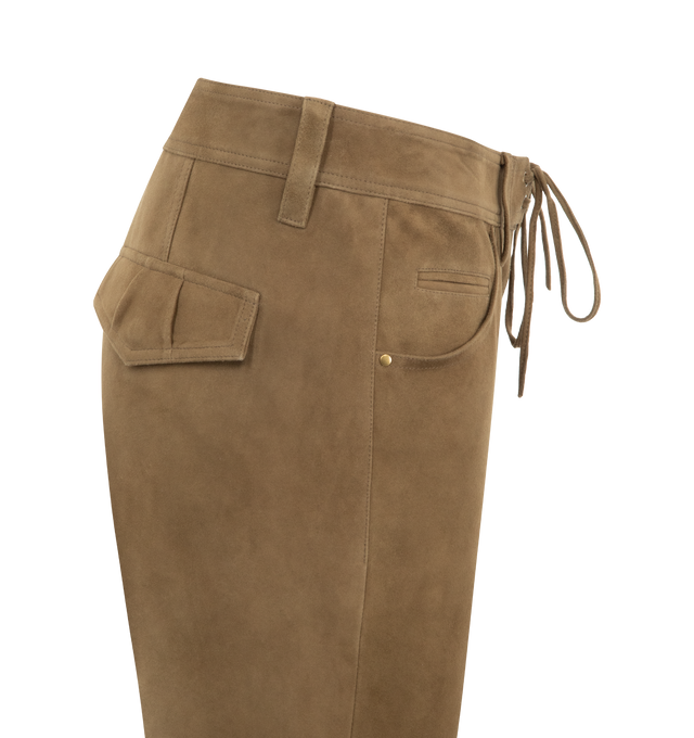 Image 3 of 3 - BROWN - ISABEL MARANT Camilany Suede Pants featuring slim-fit, straight-leg, cropped length, tie waist and partially zipped. 100% goat leather.