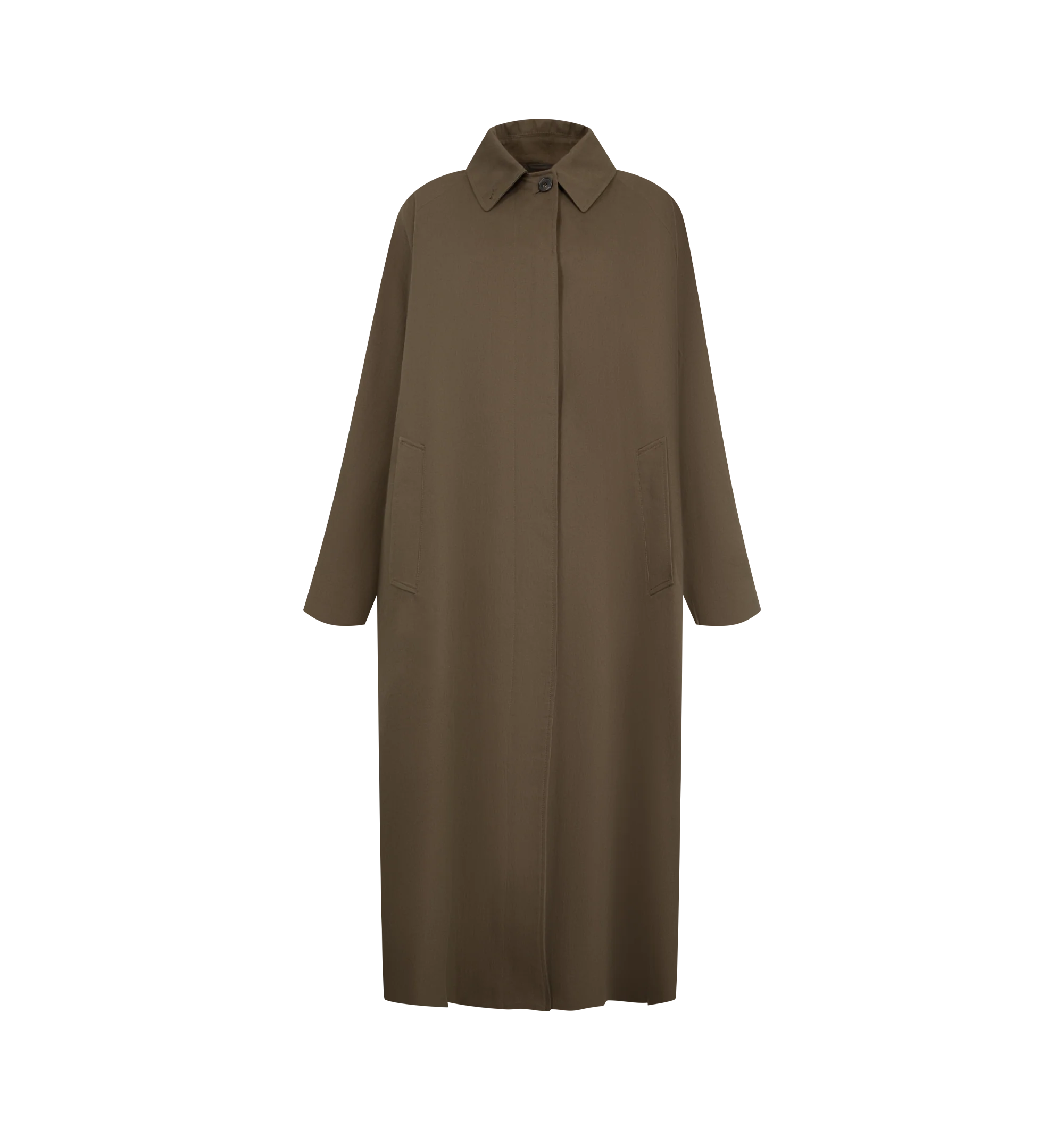 Image 1 of 3 - BROWN - The Row Women's Iza Coat is crafted from pure cotton and features an elongated trench-inspired silhouette with a refined, minimalist finish. Designed with a flat collar and horn button closure, this designer coat is finished with slant side pockets and a luxurious silk lining, reflecting The Row's understated approach to timeless outerwear. Main Material: 100% Cotton. Lining: 100% Silk. Closure: Horn Buttons. Collar: Flat Collar. Pockets: Slant Side Pockets. Care: Dry Clean. Made in I