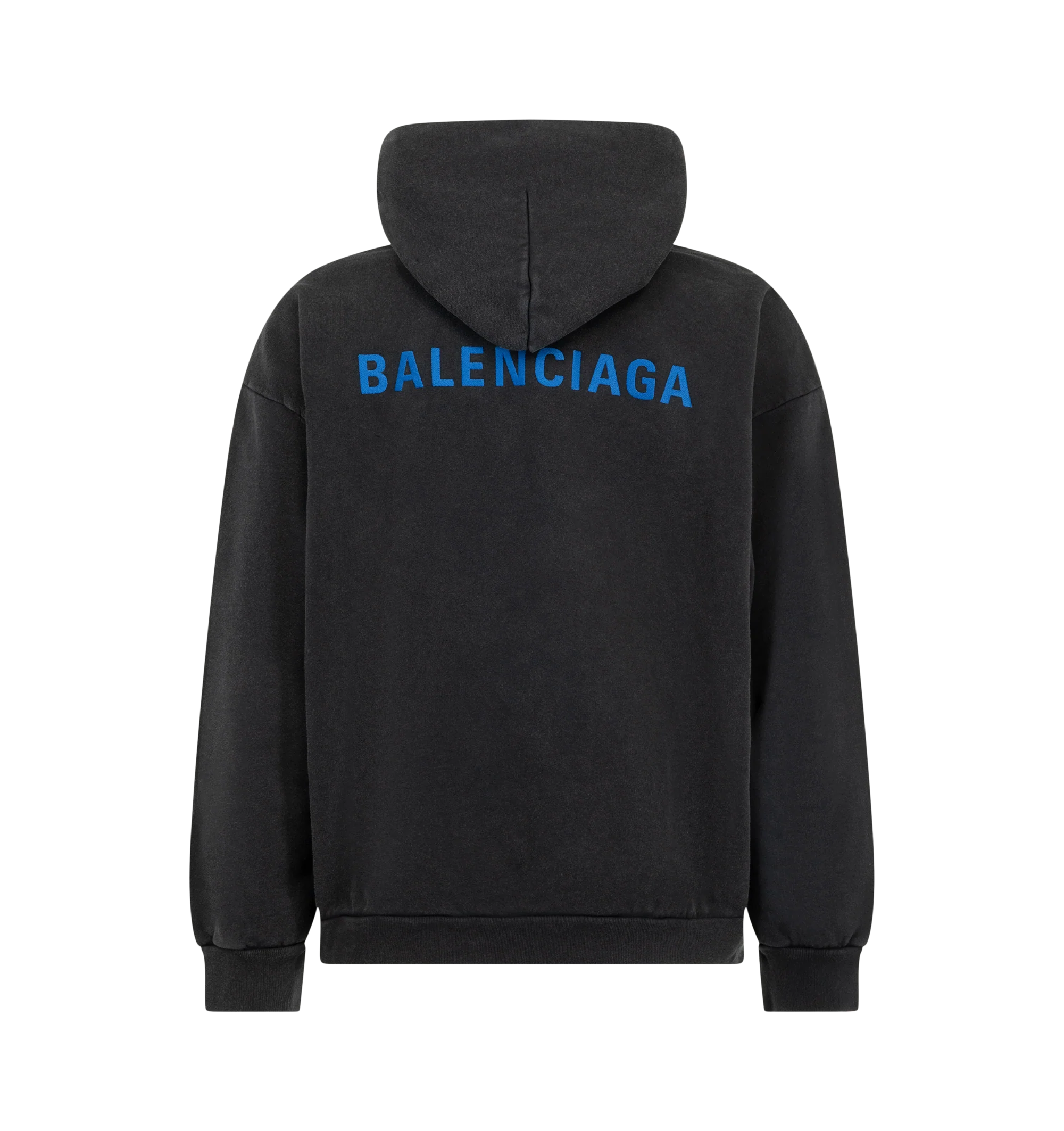 Image 2 of 2 - BLACK - Balenciaga Men's Medium-Fit Hoodie is crafted from dry cotton fleece and features dropped shoulders and a hood without a drawstring. A front kangaroo pocket, gathered cuffs and hem, and embroidered Balenciaga Back artwork at the front and back complete the design. Main Material: 100% Cotton. Embroidery: 100% Polyester. Made in Portugal.