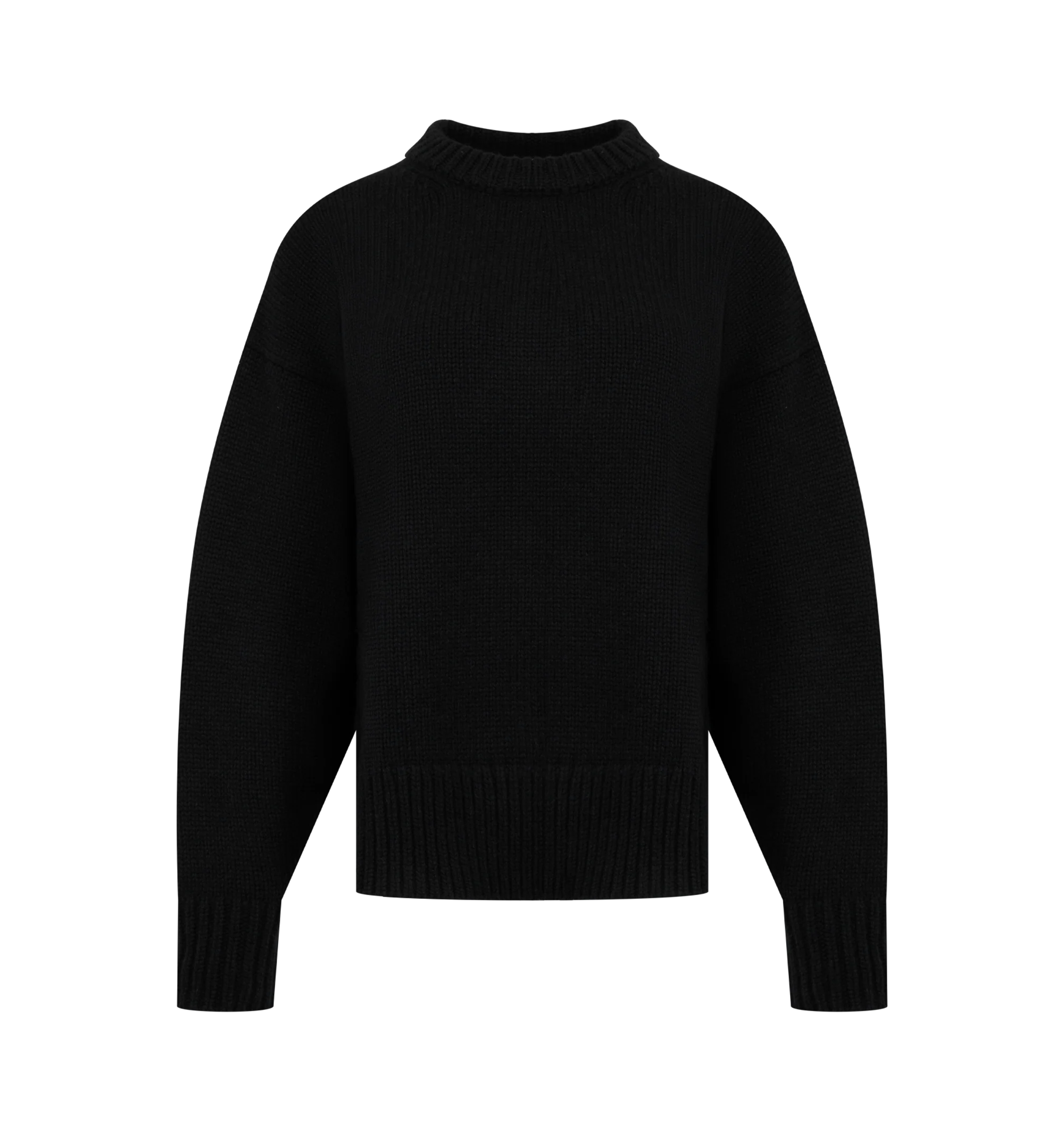 Image 1 of 2 - BLACK - The Row women's Oversized crewneck sweater in midweight wool and cashmere with ribbed neckline, cuffs, and hem, bell-shaped sleeves, and signature center back detail. 65% Wool, 35% Cashmere. Made in Italy.