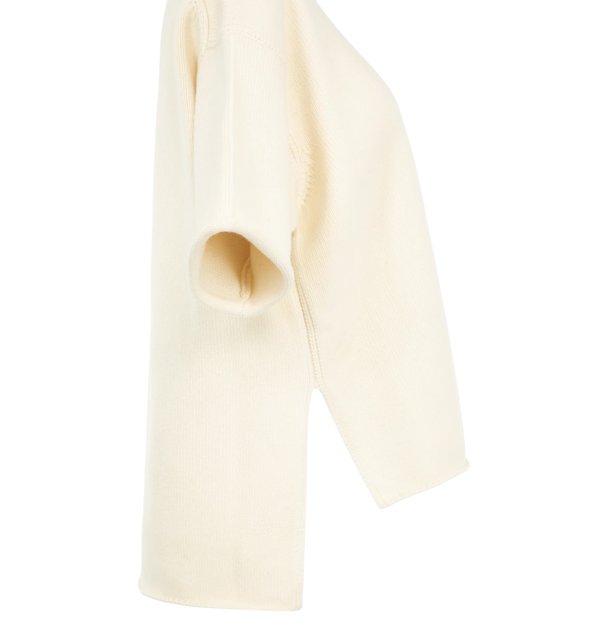 Image 3 of 3 - NEUTRAL - Bottega Veneta Women's short-sleeve knit sweater is a luxurious, boxy top crafted for a relaxed silhouette featuring a ribbed mock neckline with a front slit detail. Materials: 83% Wool 23% Polyester 2% Cashmere. 