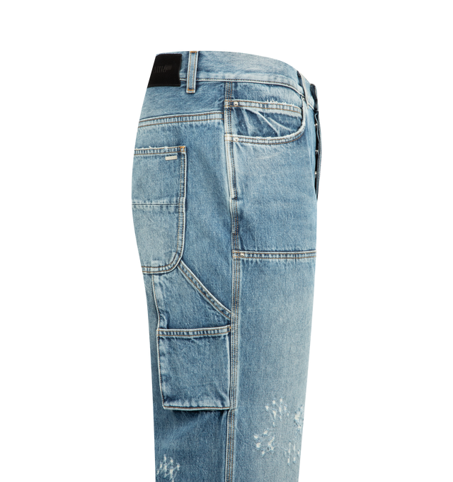 Image 3 of 3 - BLUE - AMIRI MA Quad Carpenter Jean featuring belt loops, five-pocket styling, reinforced panel at knees, hammer loop at outseam and flare leg. 100% cotton. Made in Italy.