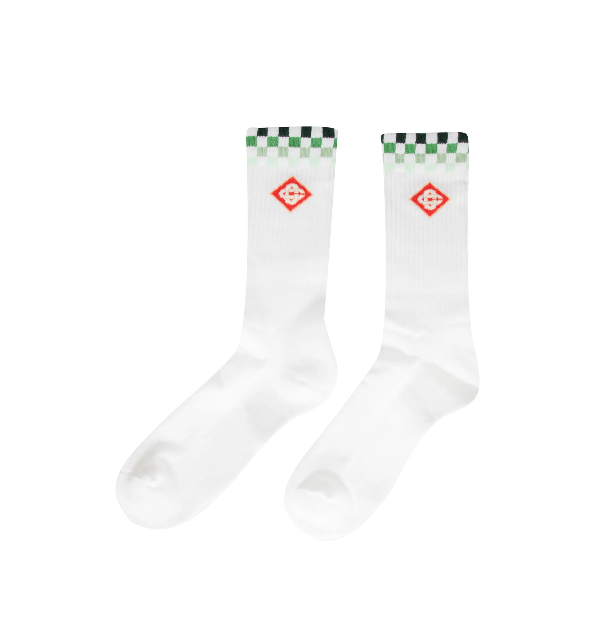 Image 2 of 2 - WHITE - The Casablanca Men's Green Checkers Crew Socks are a sports-inspired design crafted from a recycled cotton-blend fabric, featuring the house's Green Checkers artwork. Completed with ribbed legs and cuffs for added comfort and structure. Composition: 87% recycled cotton 12% polyamide 1% elastane